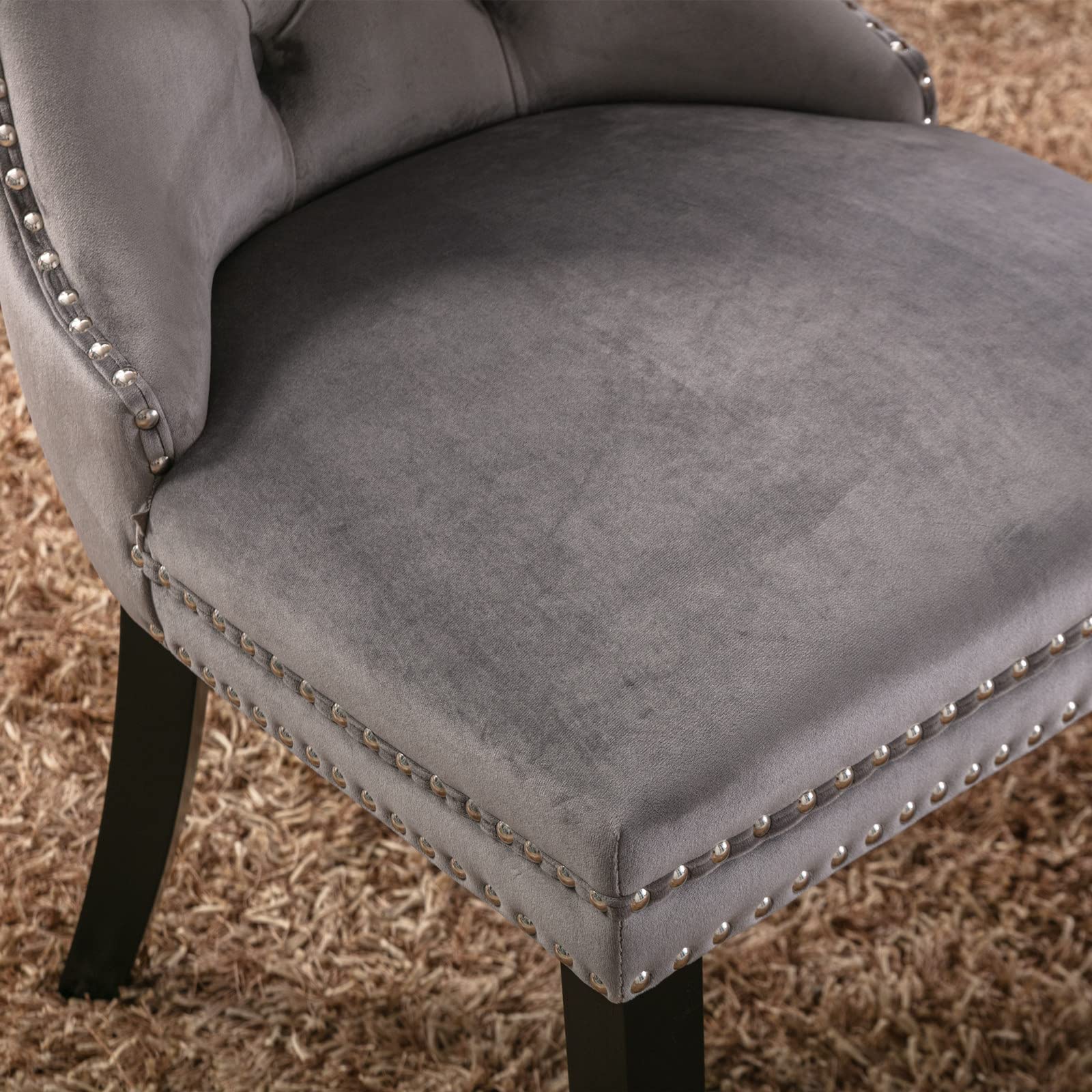 Rhomtree Set of 2 Velvet Dining Chairs - Luxury Tufted Back with Nailhead Trim & Ring Pull, Solid Rubberwood Legs (Grey/Black) for Kitchen, Dining Room & Home Decor