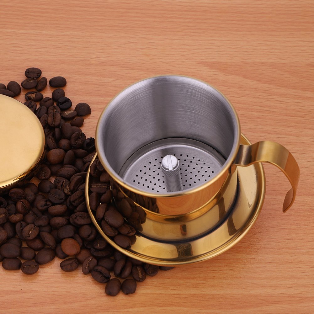 Premium Stainless Steel Vietnamese Coffee Maker - Portable Phin Filter Dripper for Authentic Vietnamese Iced Coffee - Ideal for Home, Office & Travel (Gold)