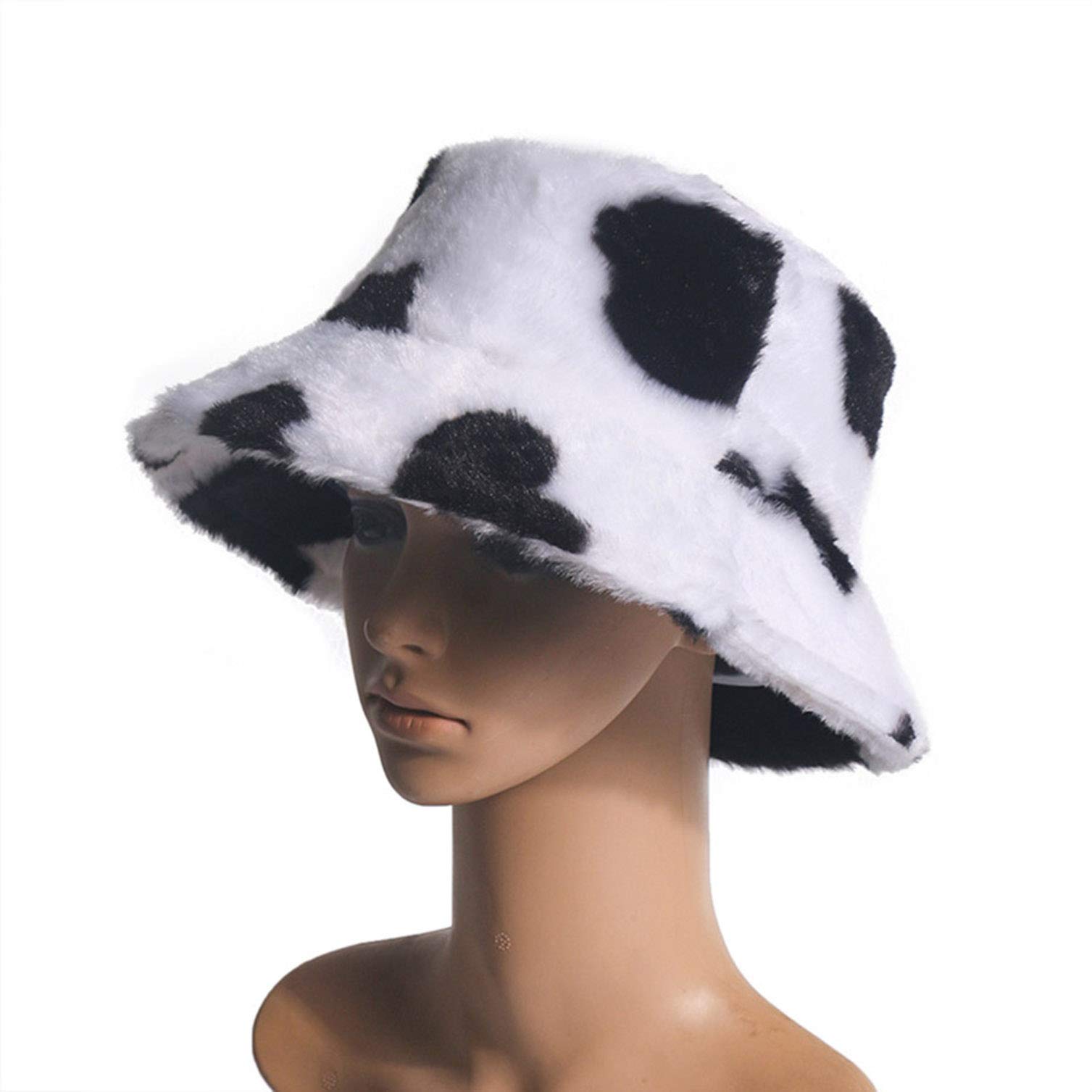 Women's Cow Print Faux Fur Bucket Hat - Soft Winter Warm Fisherman Cap with Windproof Design for Women & Girls | Perfect for Cold Weather, Outdoor Activities, and Fashion Accessories