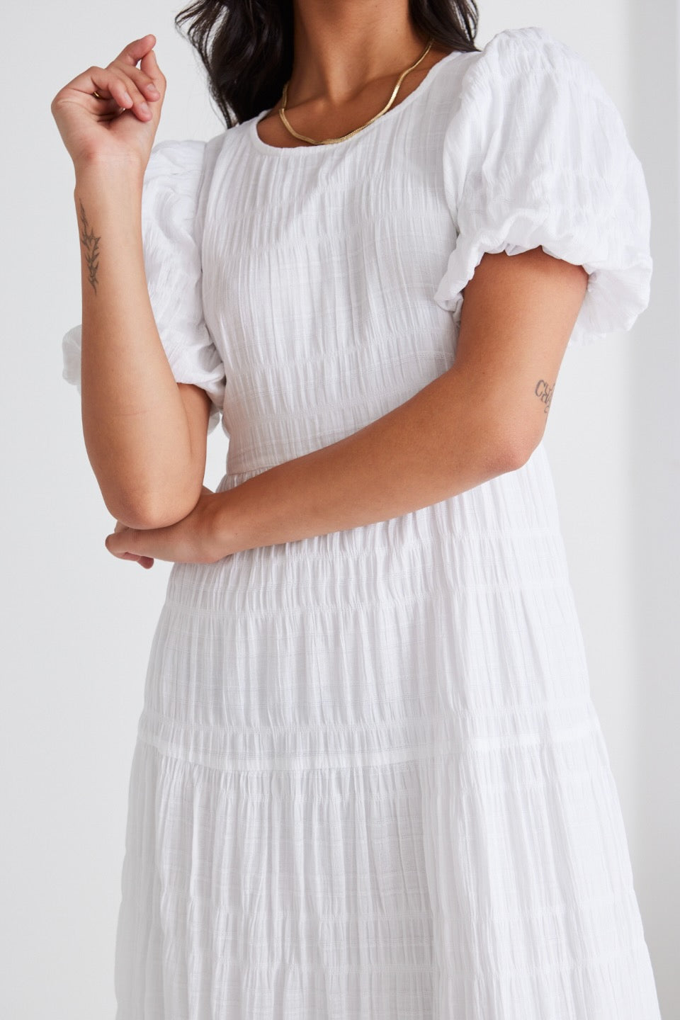 Elegant White Shirred Cotton Bubble Sleeve Tiered Maxi Dress for Women - Perfect for Summer Beach Vacations, Weddings & Boho Chic Outfits