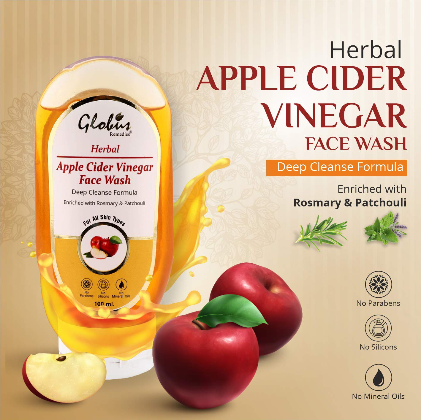 Globus Apple Cider Vinegar Face Wash 100ml - Natural Acne Treatment & Pore Cleanser for Clear Skin | Daily Facial Cleanser for Oily & Sensitive Skin