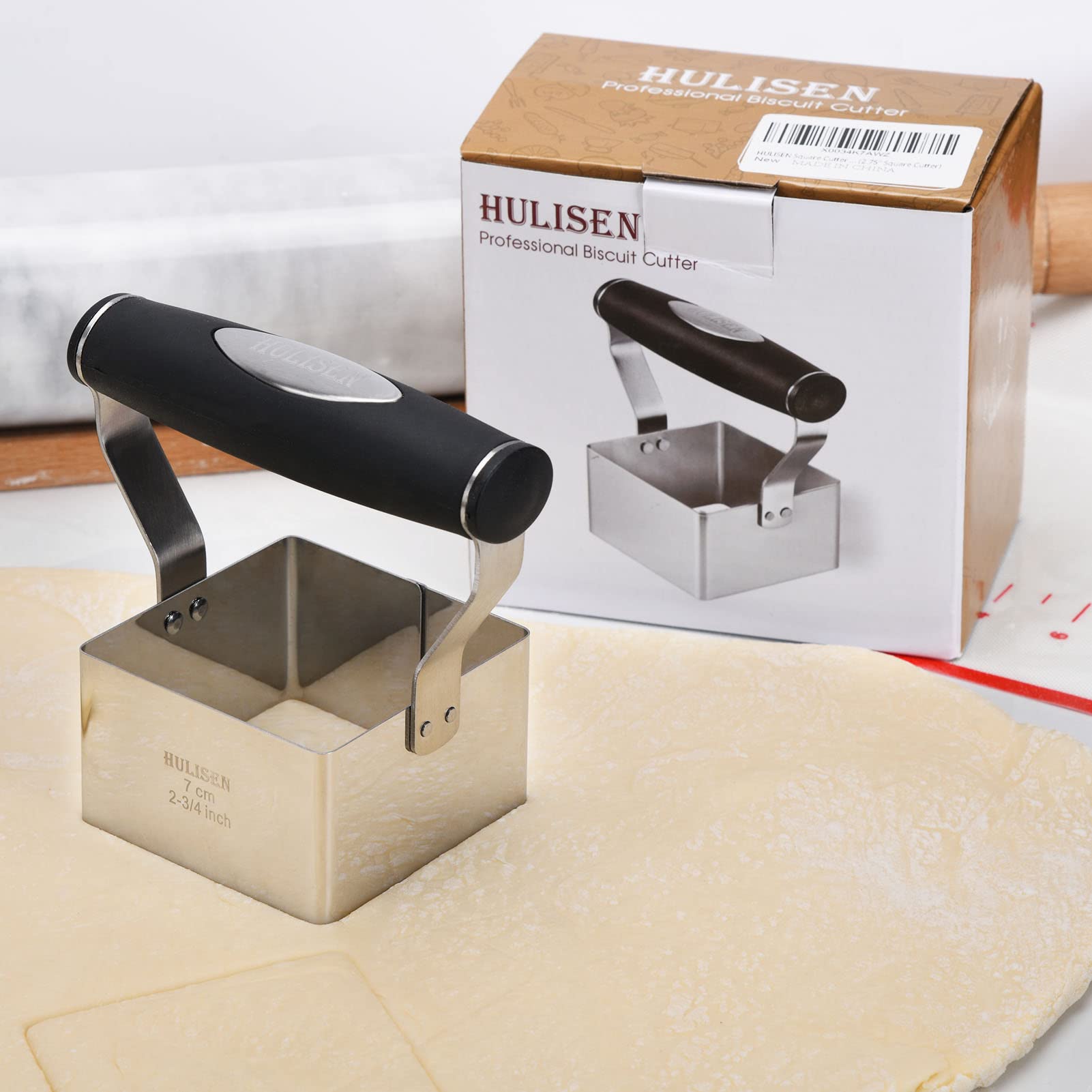 HULISEN 3-Piece Biscuit Cutter Set with 2.75 Inch Square Cutter - Soft Grip Handle, Professional Baking Tools for Cookies, Pastry & Dough - Dishwasher Safe Baking Accessories - Perfect for Holiday Baking, DIY Desserts & Gift Giving