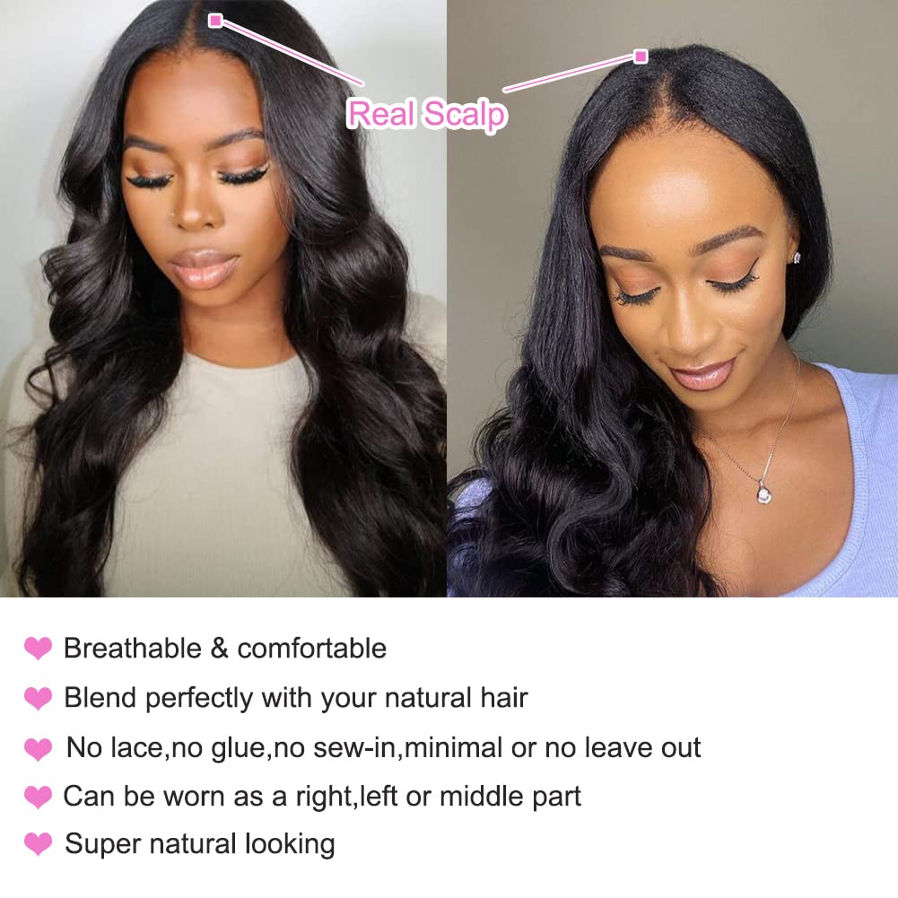 V Part Human Hair Wig 20 Inch - Body Wave Glueless Half Wig for Black Women | 180% Density Natural Color | Minimal Leave Out, Full Head Clip-In | Perfect for Daily Wear, Parties & Special Occasions