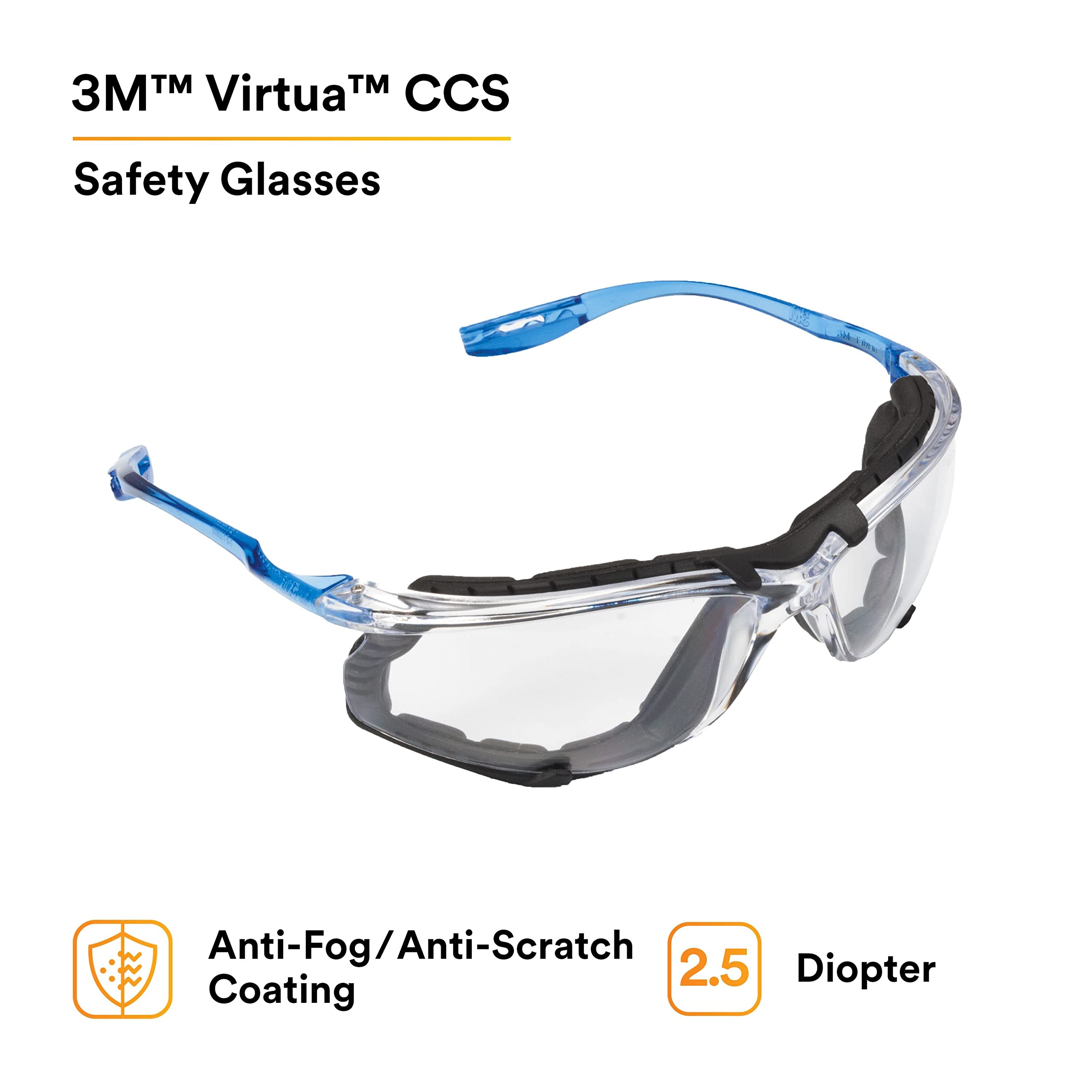 3M Virtua CCS Safety Glasses with +2.5 Readers - ANSI Z87.1 Certified, Anti-Fog Clear Lens & Frame, Blue Arms, Corded Ear Plug System, Removable Foam Gasket (20-Pack) - Perfect for Construction, Lab Work & DIY Projects