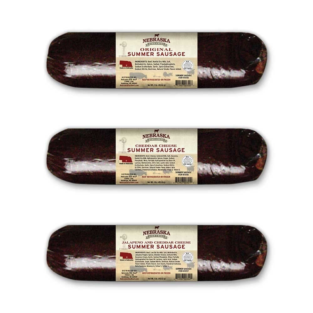 Premium Nebraska Star Beef All-Natural Summer Sausage Variety Pack - Original, Cheddar Cheese & Jalapeño Cheddar (3 Pack) | High-Quality Beef Snacks for Camping, Hiking, Picnics and Party Platters