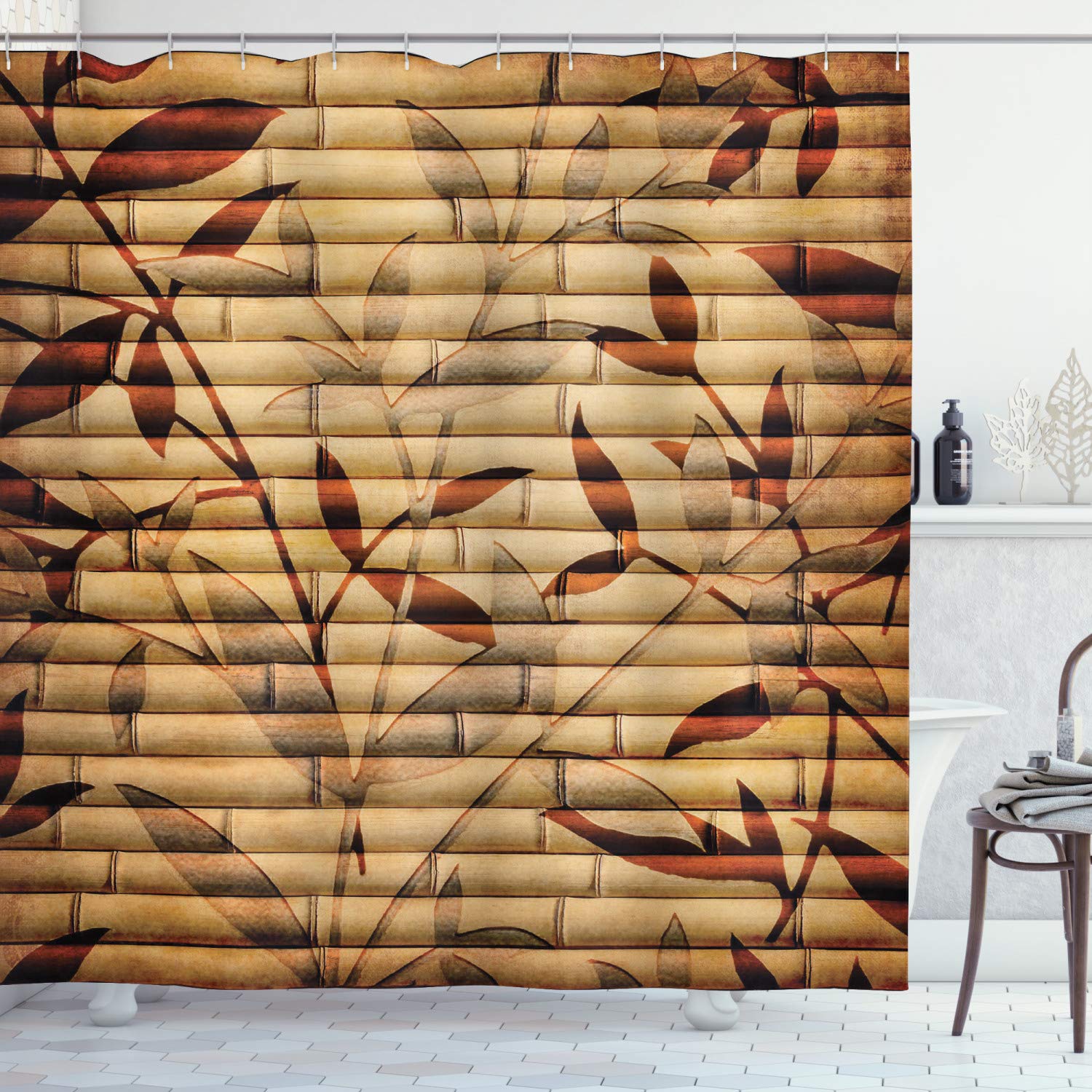 Ambesonne Beige Shower Curtain with Bamboo Stems & Leaves Pattern - 69