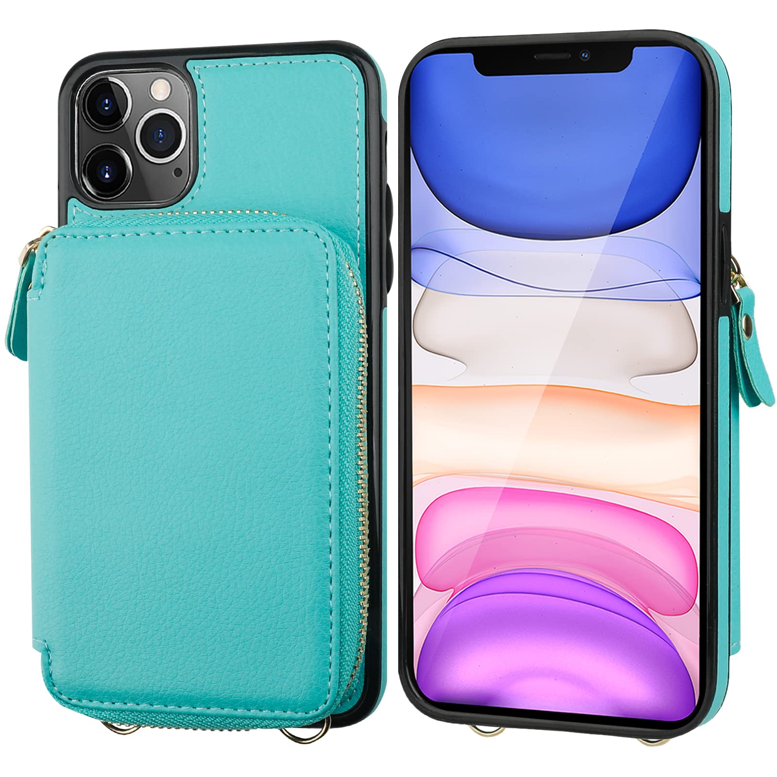 RFID Blocking Wallet Case for iPhone 11 Pro Max (6.5 Inch) - PU Leather Flip Folio with Adjustable Crossbody Strap, Detachable Wrist Strap & Kickstand - Mint Green - Perfect for Travel, Shopping & Everyday Use