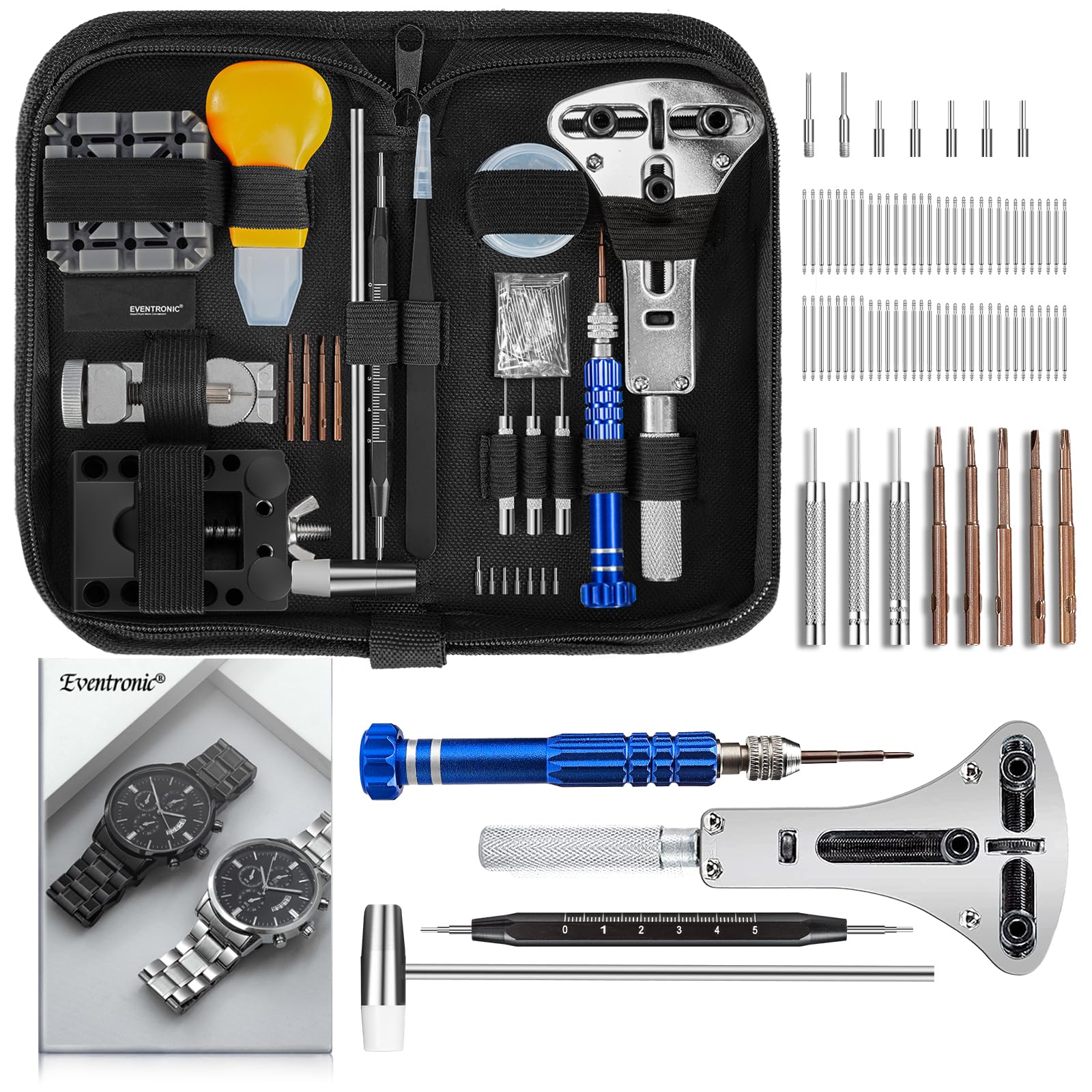 2025 Upgraded Eventronic Watch Repair Kit - Professional Watch Battery Replacement Tool Set with Spring Bar, Case Opener & Link Remover | Complete Watch Maintenance Kit for DIY Watch Battery Change, Band Adjustment & Back Removal | Perfect for Watch Enthusiasts, Jewelers & Home Repair