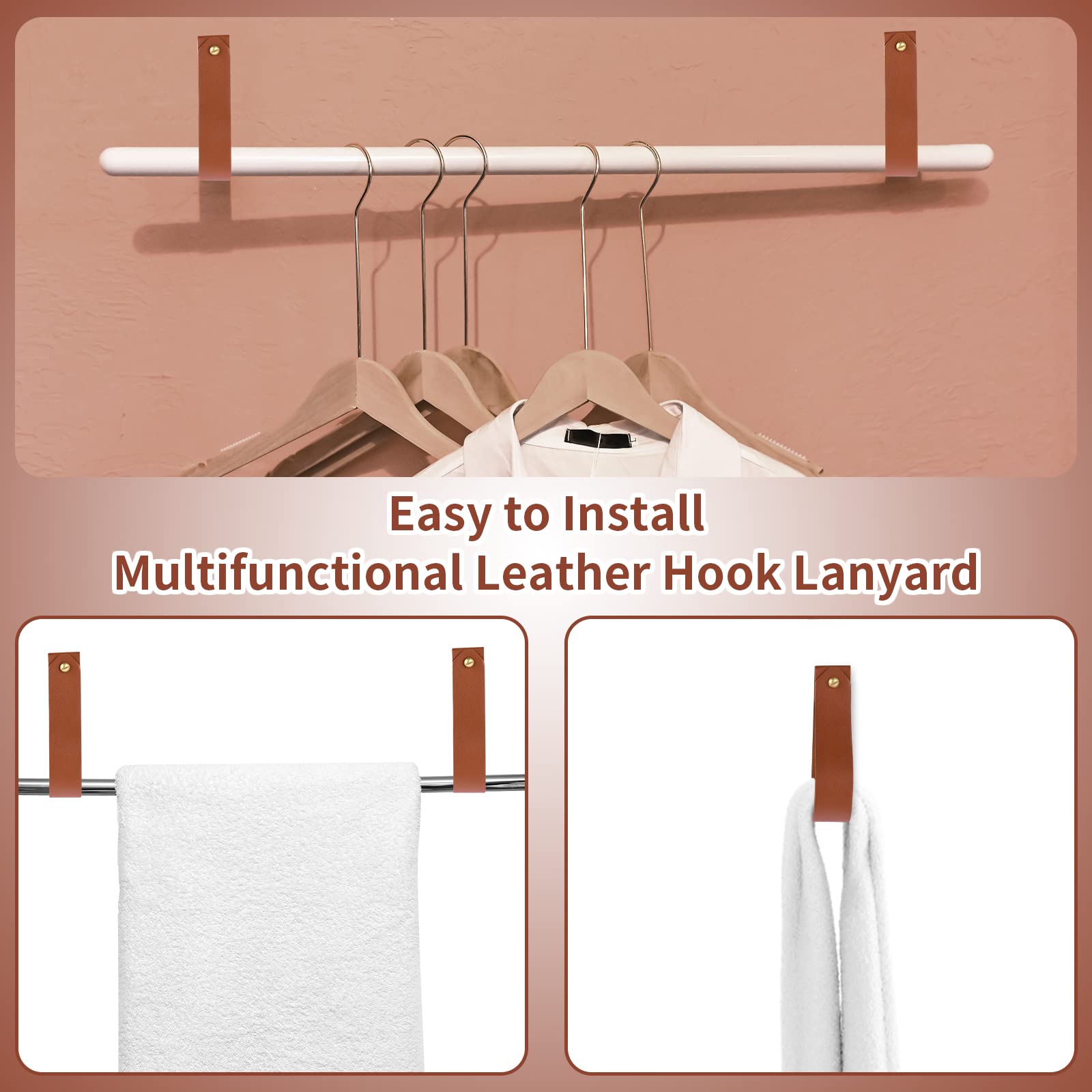 4Pcs Leather Hook Lanyard - Boho Style Wall Hanging Straps for Towels, Curtains & Decor - Durable Hanger for Bathroom, Kitchen & Bedroom - Perfect for Organizing & Stylish Home Decor (Brown)