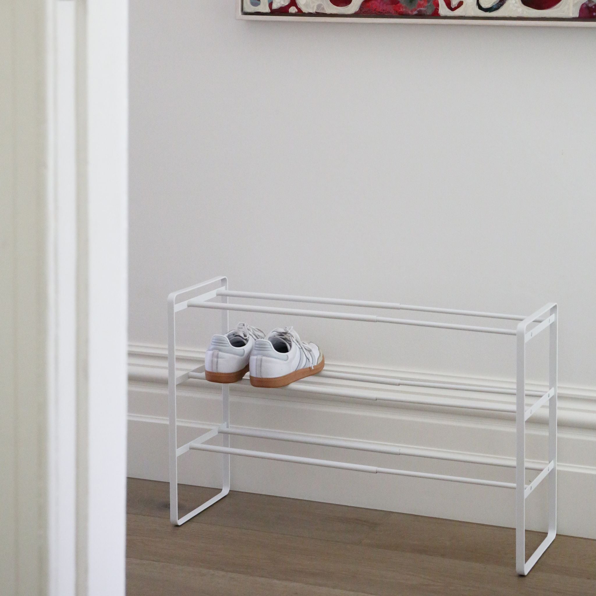 YAMAZAKI 3-Tier Extendable Shoe Rack for Entryway - White Space-Saving Organizer for Shoes, Boots & Sandals - Perfect for Closet, Mudroom or Small Apartment Storage