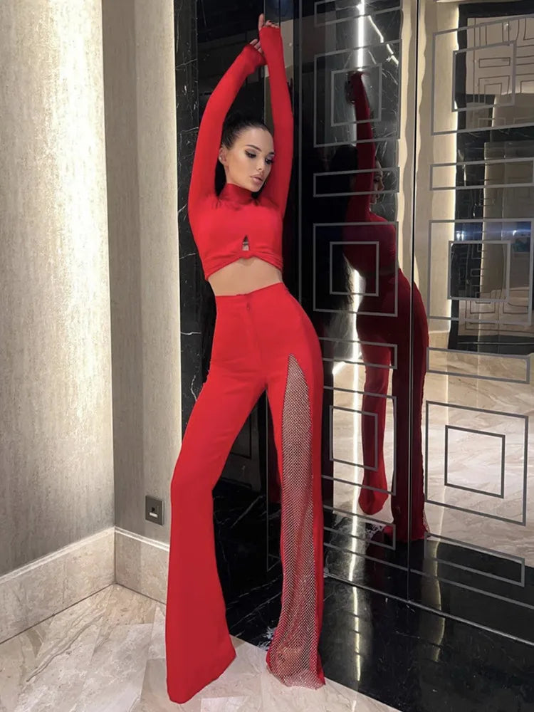 Black Red White Rayon Bandage Wide Leg Pants for Women - Sexy High Waist Summer Fashion Pants with Diamond Keyhole Design - Perfect for Beach, Party & Celebrity Style Outfits