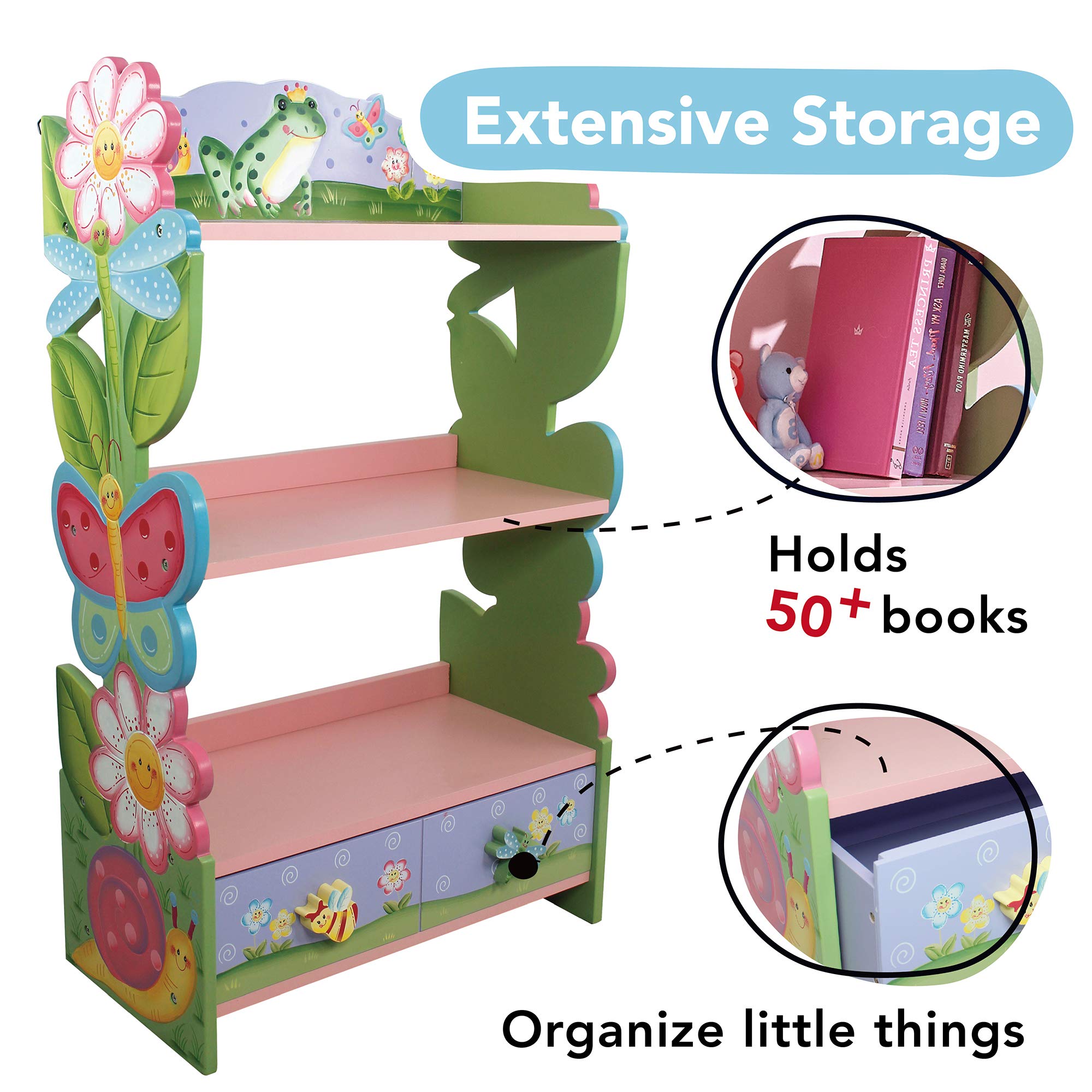 Fantasy Fields Magic Garden Wooden Kids Bookshelf with Storage Drawers - Colorful Multi-Tiered Bookshelf for Children's Bedroom, Playroom & Nursery Organization