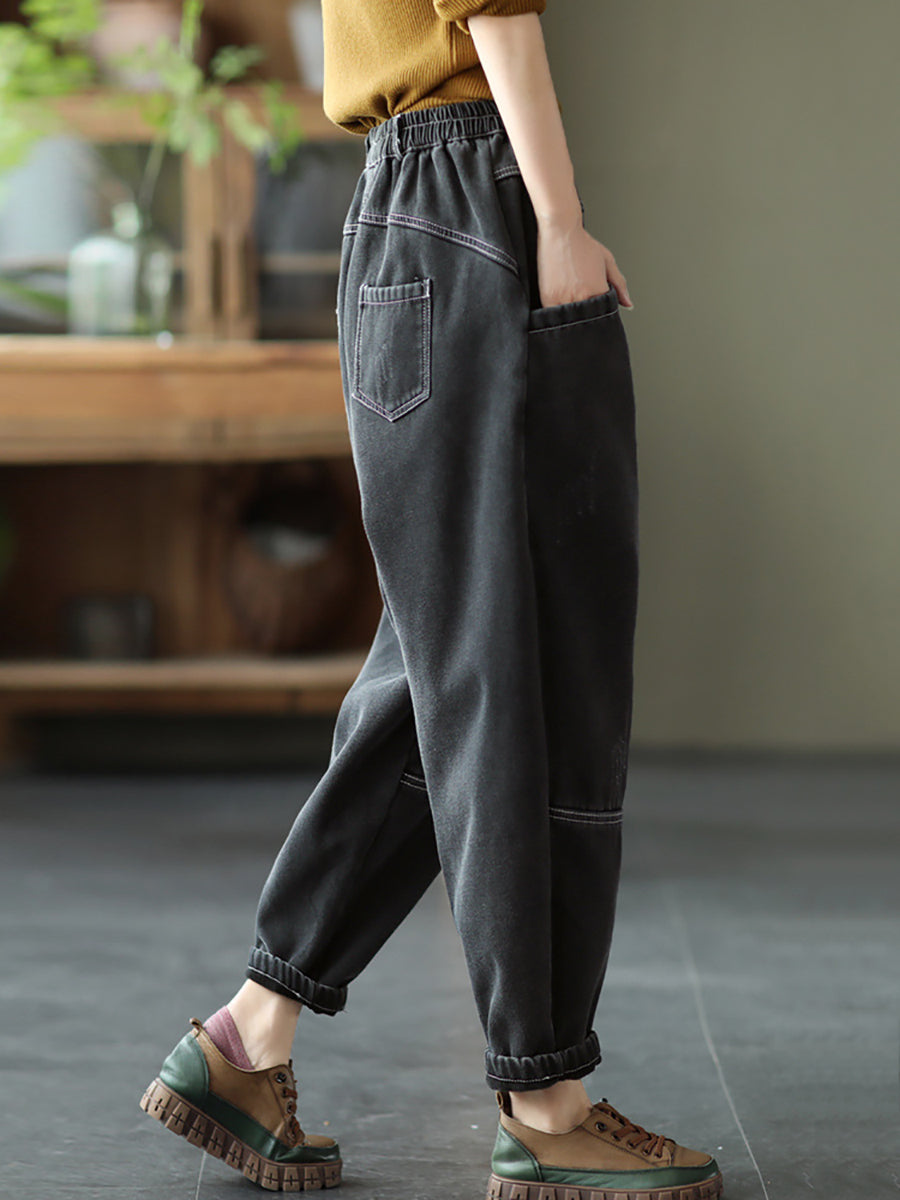 Plus Size Women's Retro Distressed Denim Fleece Lined Pants - High Waisted Stretch Jeans for Winter Warmth & Comfort - Perfect for Casual Outfits, Workwear & Cold Weather Fashion