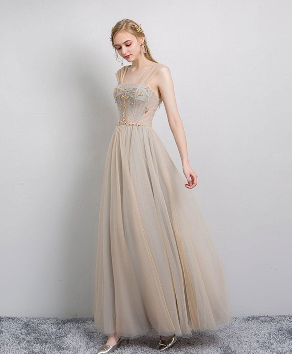 Elegant Champagne Tulle Long Prom Dress & Evening Gown - Perfect for Formal Dances, Weddings & Special Occasions