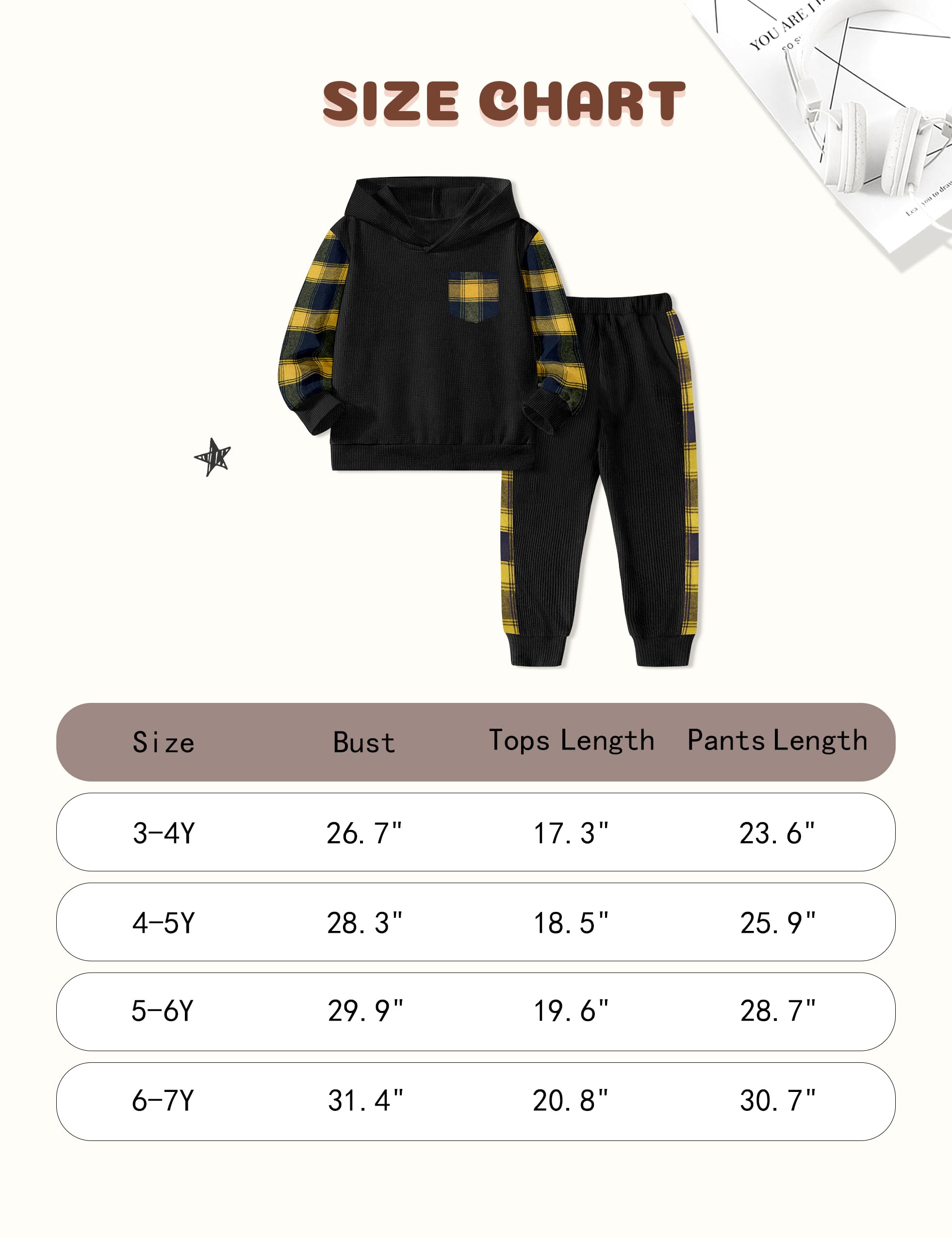 Boys' Waffle Plaid Hoodie & Patchwork Casual Pants 2-Piece Set with Pockets | Warm Toddler Winter Outfits for Playdates & Outdoor Adventures