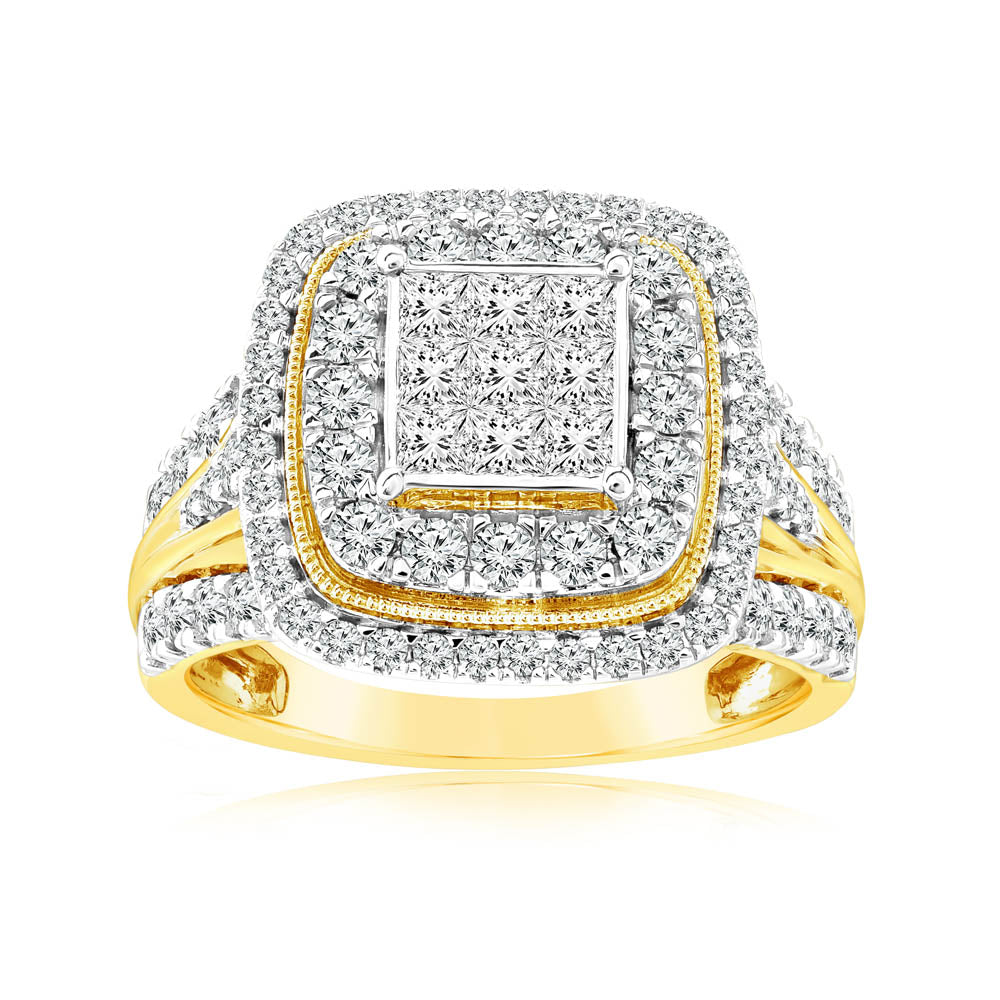 1.40 Carat Diamond Cushion Cluster Ring in 14K Yellow Gold - Elegant Engagement & Wedding Jewelry for Women