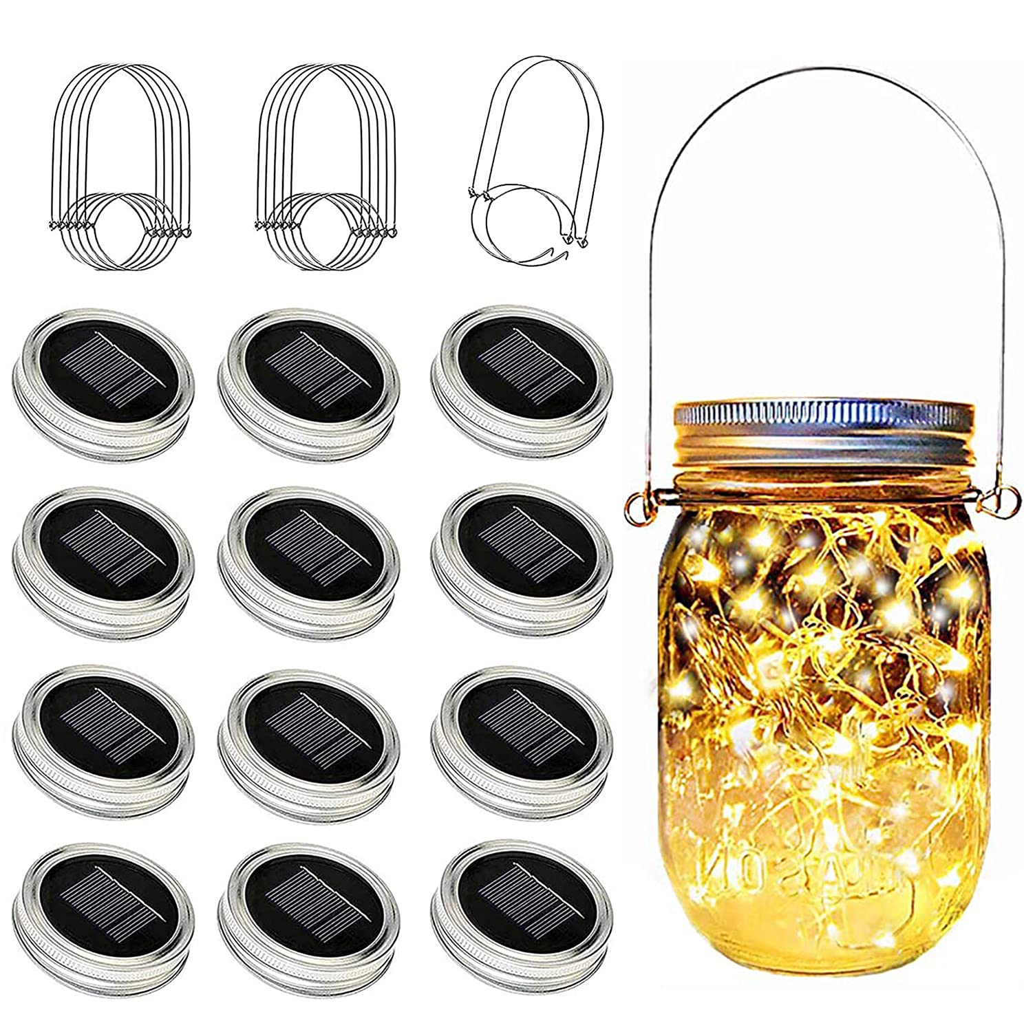 Solar Mason Jar Lid Lights 12 Pack - Waterproof LED Fairy Lights for Outdoor Decor & Parties