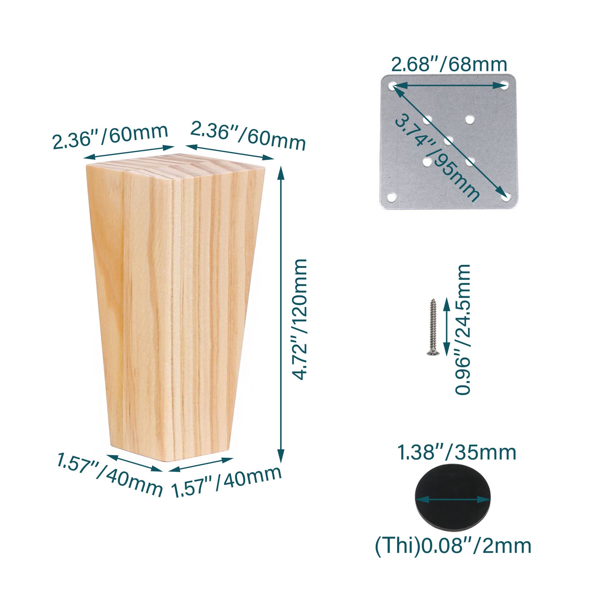 Bstinay 16PCS 6x4x12cm Wooden Tapered Square Furniture Legs with Mounting Hardware - Perfect for Sofa, Chair, Table & DIY Furniture Projects