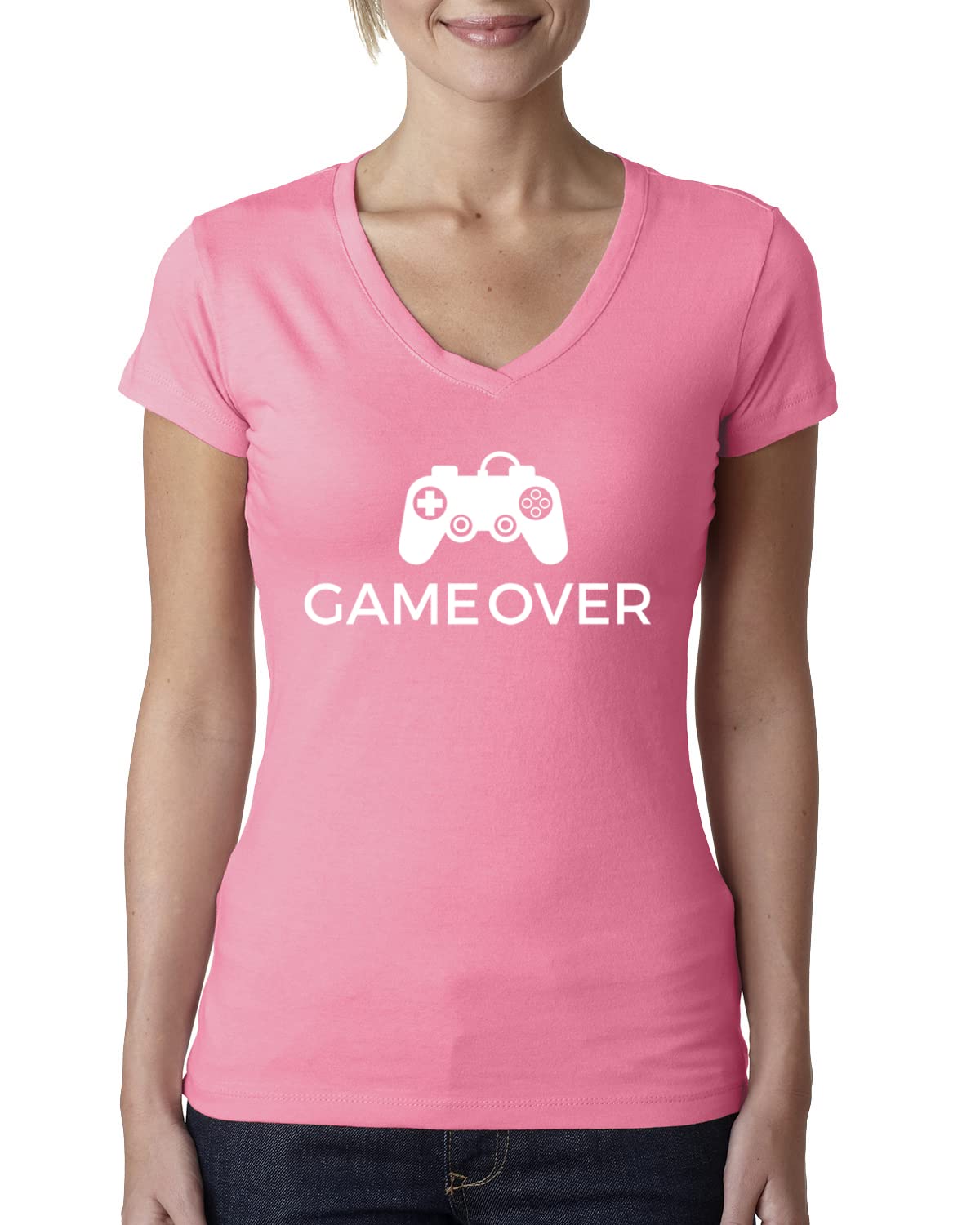 Video Game Controller T-Shirt for Women - Nerdy Gamer Tee with 'Game Over' Print - Junior Fit V-Neck Top | Perfect for Gaming Events, Cosplay & Casual Wear