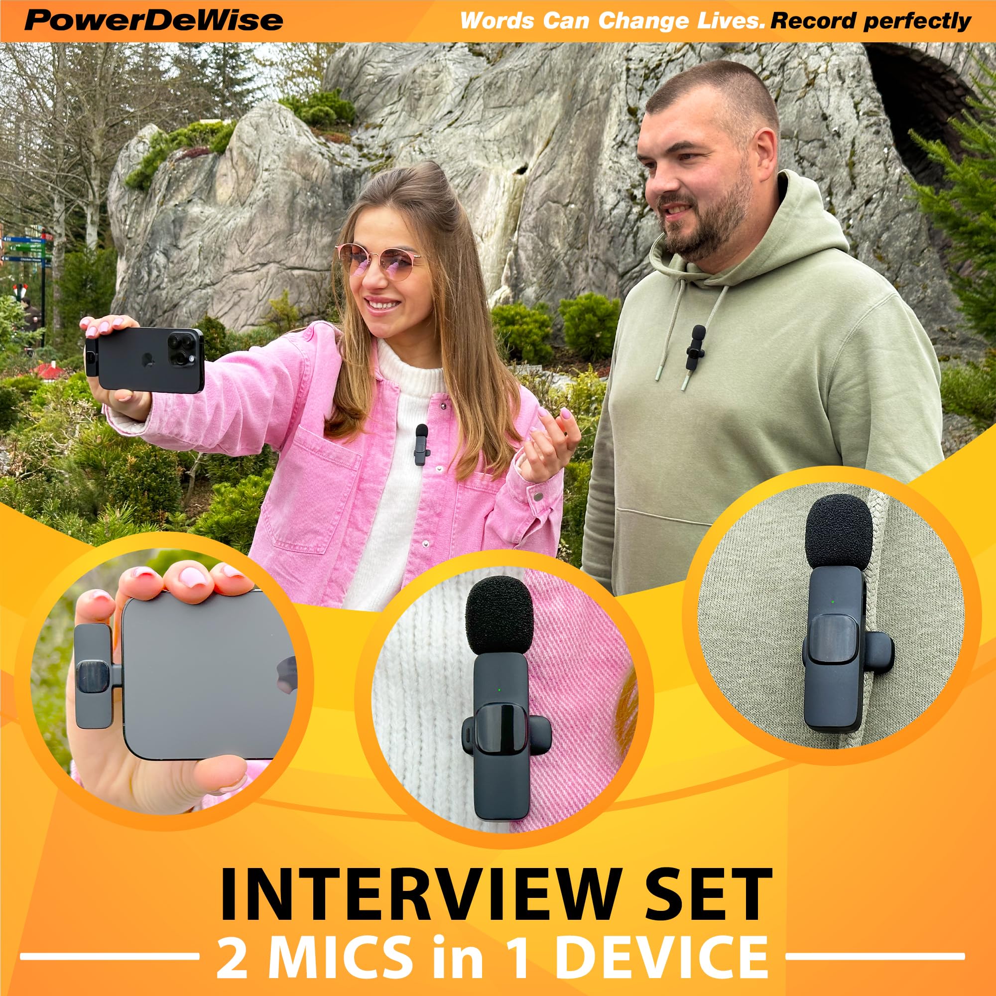 PowerDeWise Wireless Lavalier Microphones for iPhone - Noise Cancelling Clip-on Mic, Plug & Play Omnidirectional Condenser Mic - Pack of 2 - Perfect for Vlogging, YouTube, Interviews & Live Streaming