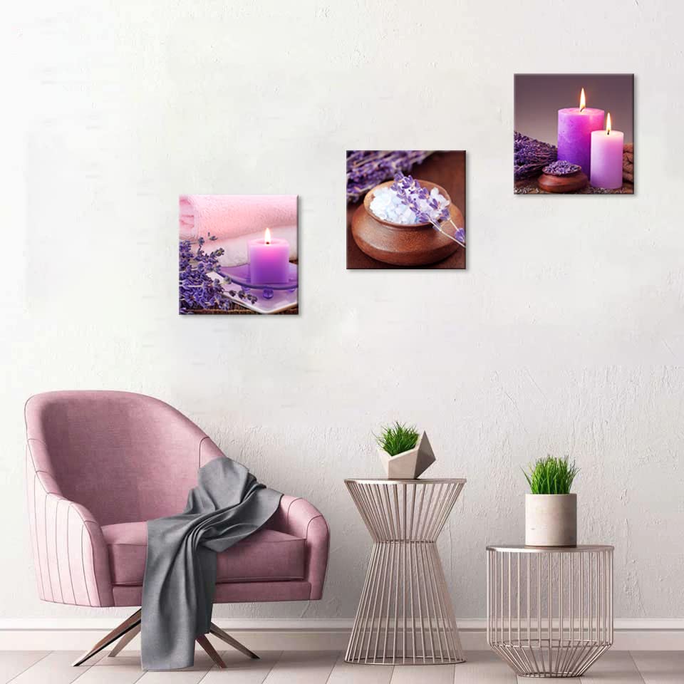 Purple Aromatherapy Candles & Zen Stone Lavender Flower Canvas Wall Art - 3 Piece 20x20 Inch Ready to Hang Bathroom Decor for Spa Relaxation, Meditation & Home Wellness Retreat