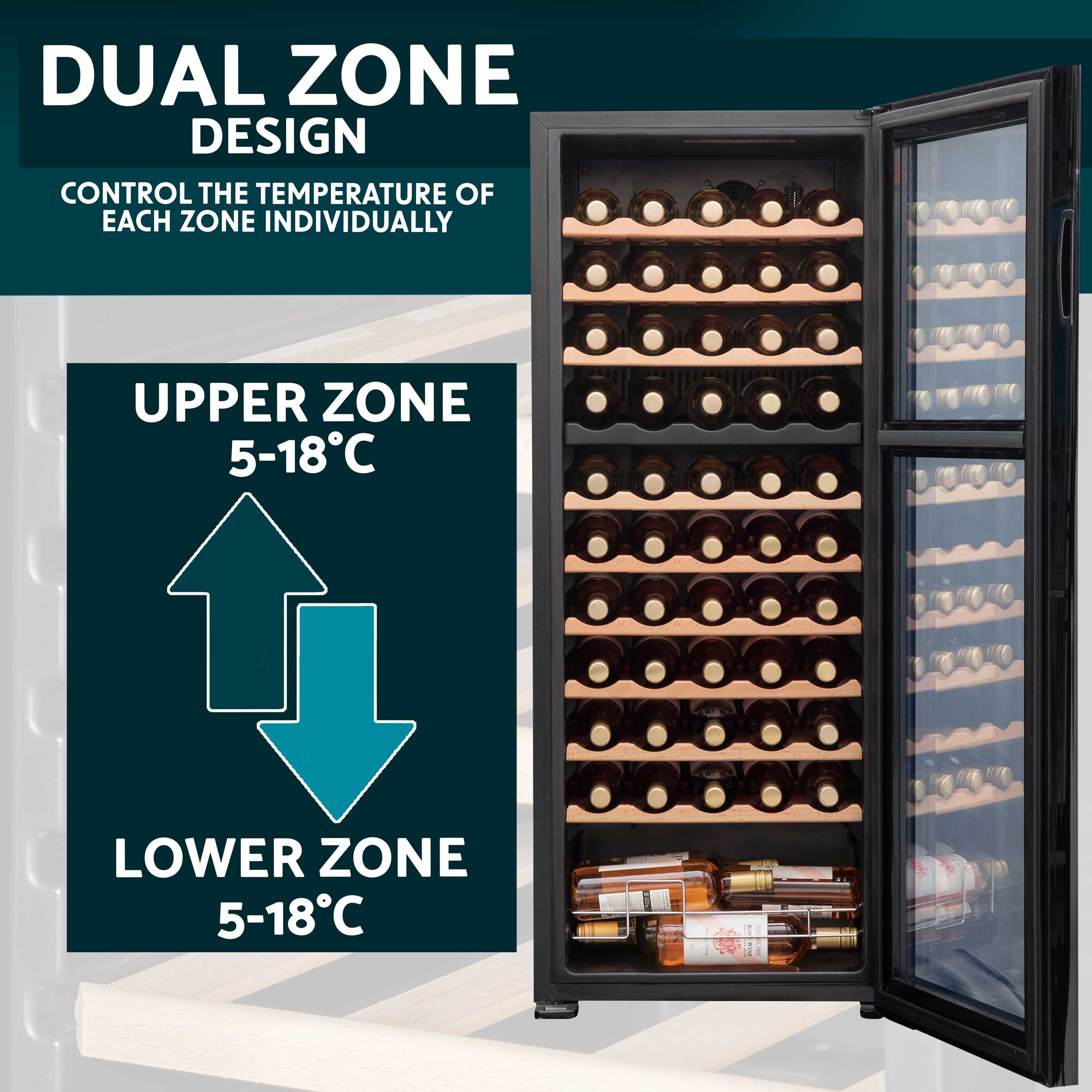 Baridi 55 Bottle Dual Zone Wine Cooler Refrigerator with Touch Controls, Wooden Shelves & LED Display - Perfect for Home Bars, Restaurants, and Wine Cellars