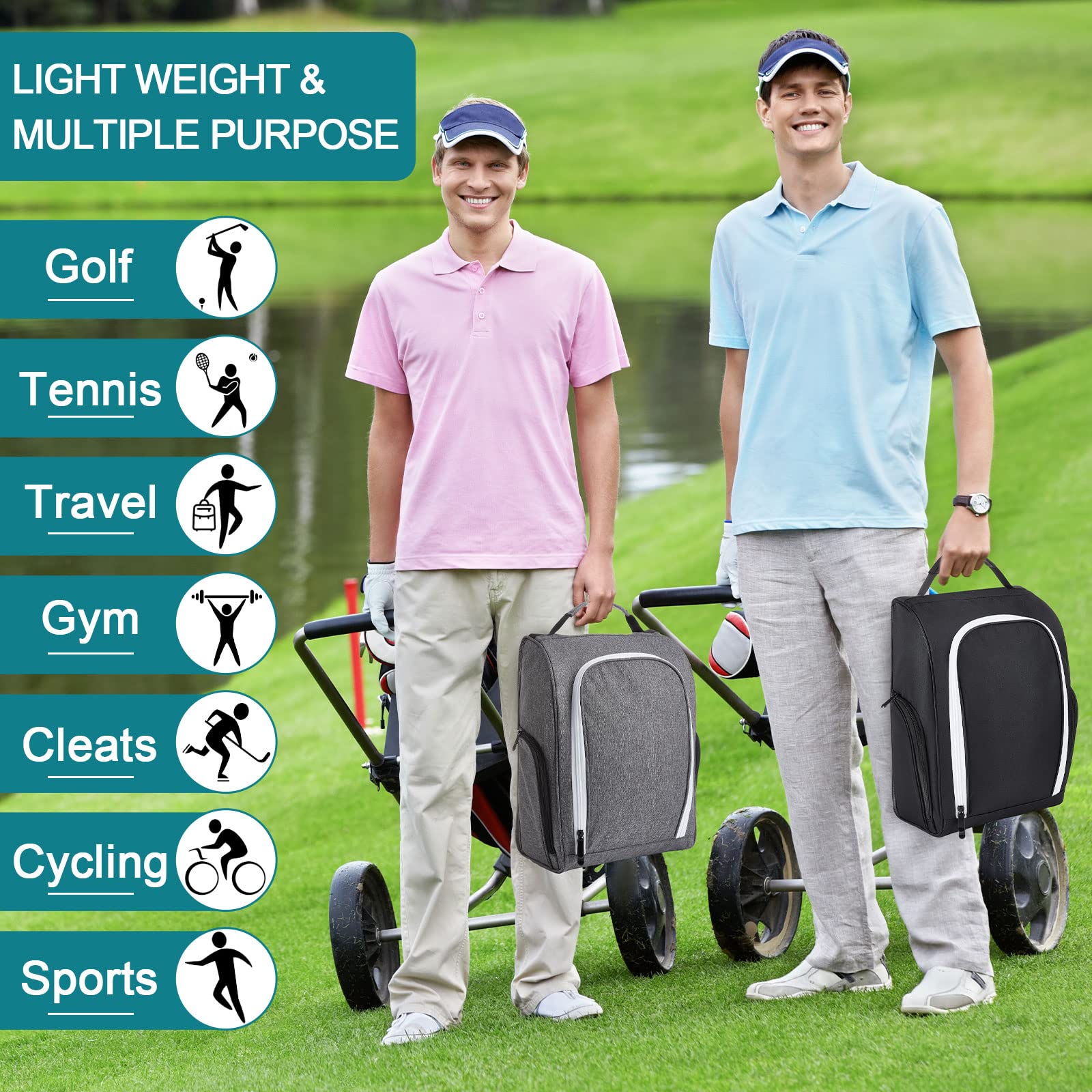 Funtery 2 Pack Golf Shoe Travel Bag - Waterproof Zippered Sports Shoe Carrier with Ventilation & Exterior Pocket for Golf Balls, Tees & Socks - Lightweight Golf Accessories for Men & Women - Perfect for Travel, Gym & Golf Course Use