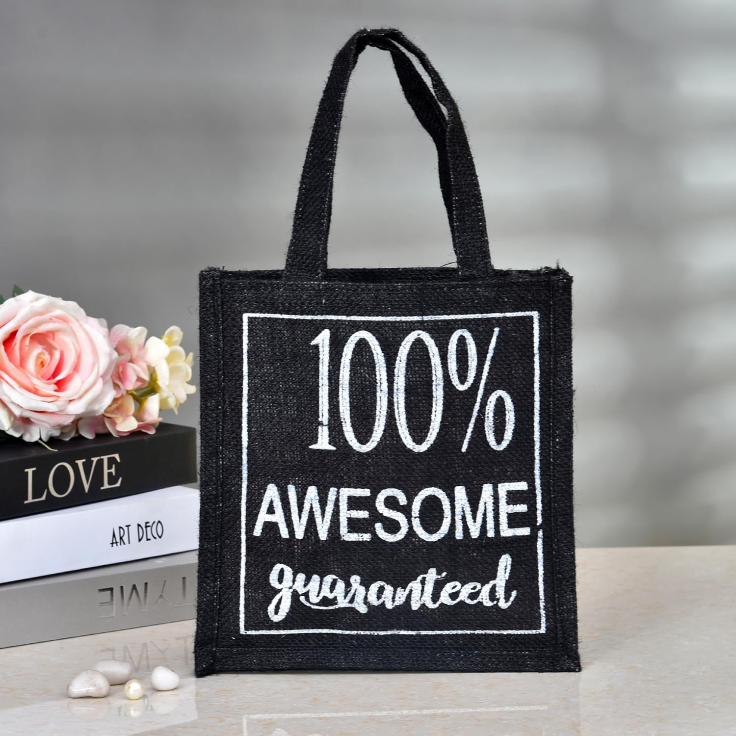 Kuber Industries Reusable Jute Lunch Bag with Handle - Eco-Friendly Office Lunch Tote for Women & Men - Small Black Lunch Box Carrier for Work, School, Picnics & Travel