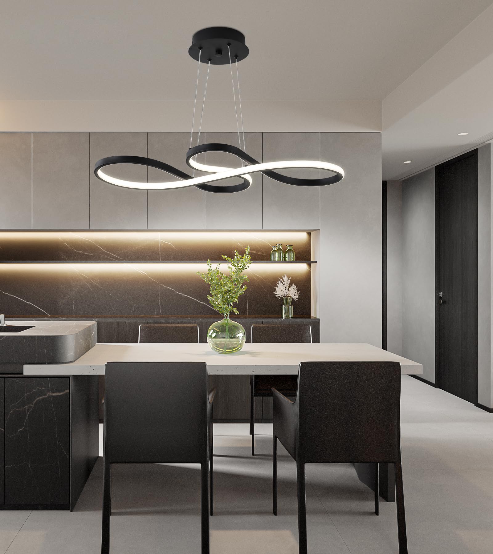 Q&S Modern Black LED Chandelier with Remote Control - Dimmable Dining Room Light Fixture for Living Room, Bar, Game Room, Restaurant, Hotel & Office - Perfect for Romantic Dinners, Entertainment Spaces & Professional Settings (30-inch)