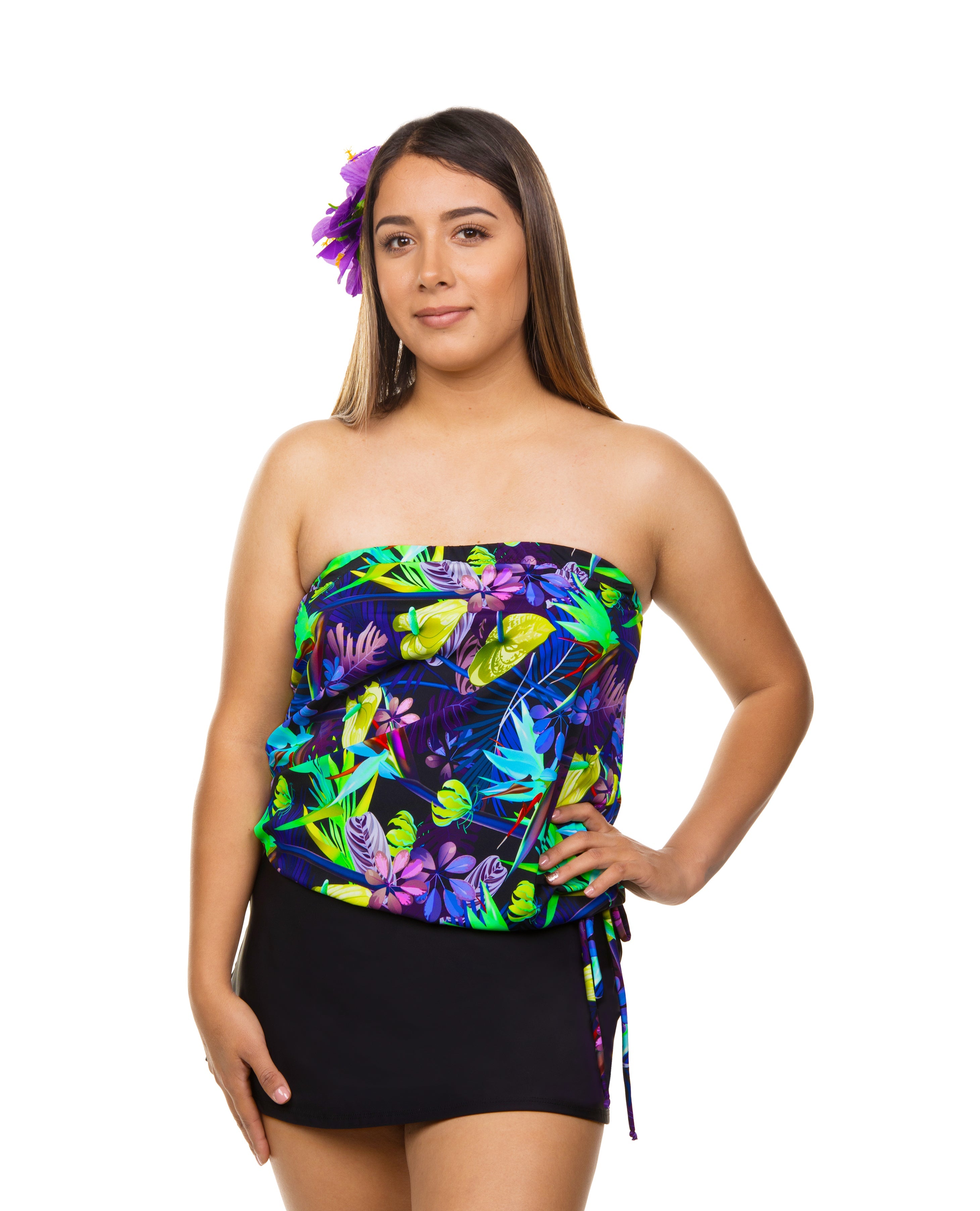 Women's Bandeau Blouson Top - Floral Tropical Print Summer Beachwear for Vacation, Pool Party & Boho Fashion