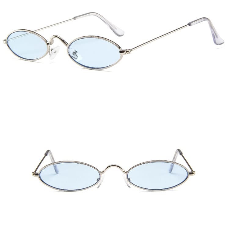 Stylish Metal Oval Sunglasses for Men & Women - Small Frame Fashion Shades with Blue Lens (2 Pairs, Silver Frame) - Perfect for Driving, Beach & Outdoor Activities