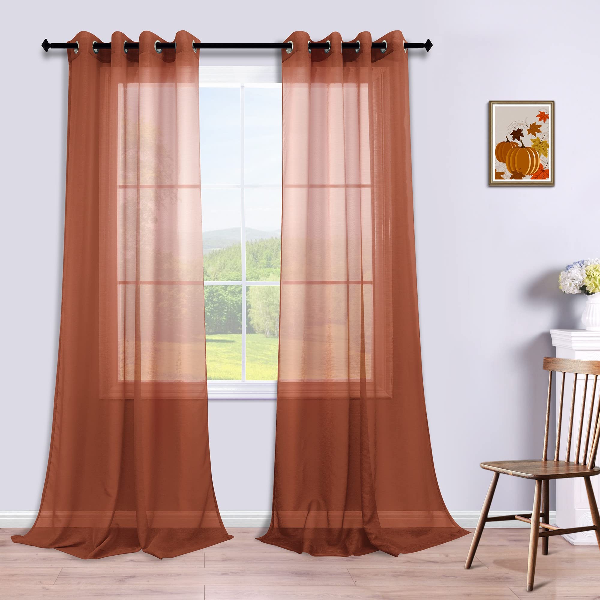 Rust Orange Sheer Grommet Curtains 120 Inch Extra Long - Bohemian Style Window Drapes for Living Room & Bedroom - Light Filtering & Privacy for Home Decor