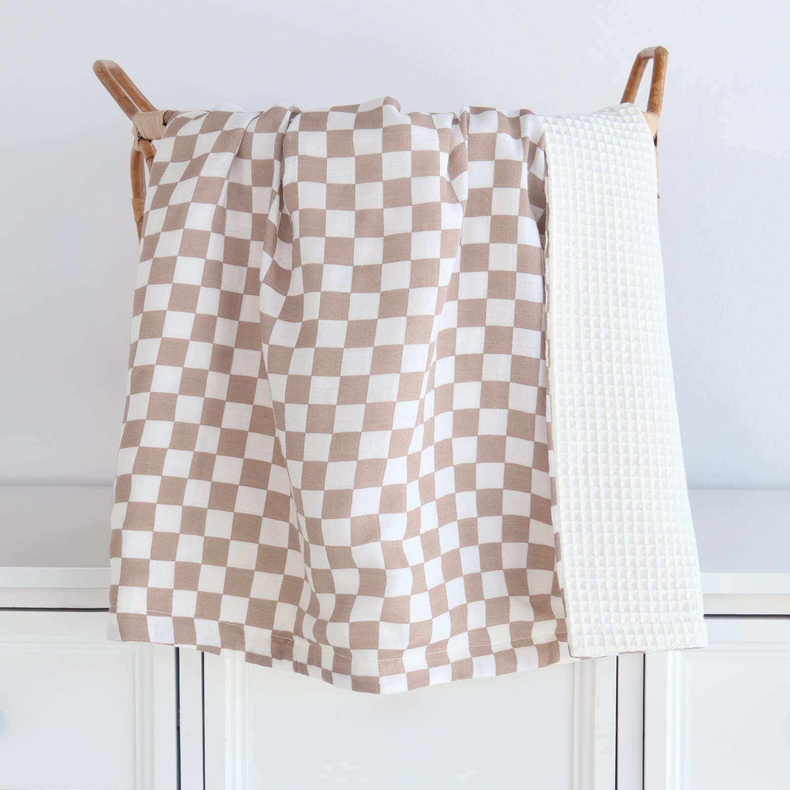 LifeTree Waffle Baby Blankets - Soft 2-Layer Muslin & Waffle Swaddle Blankets for Boys & Girls, Neutral Checkered Crib & Stroller Blanket for Newborns - Perfect for Nursery, Baby Showers & On-the-Go Comfort