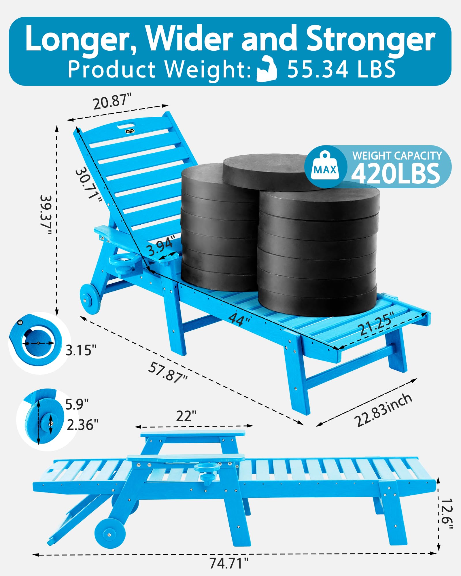 Outdoor Chaise Lounge Chair with Wheels - Oversized Patio Lounge Chair with Wood Texture - 5-Position Adjustable Plastic Sunbed for Poolside, Deck, Beach & Backyard Relaxation (Pacific Blue) - Perfect for Sunbathing, Lounging & Outdoor Leisure