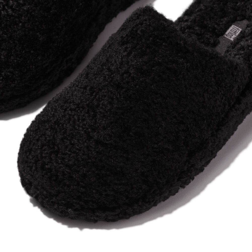 FitFlop iQushion D Luxe Teddy Slippers for Women - Soft Memory Foam Mule Slides with Arch Support - All Black House Shoes for Indoor/Outdoor Comfort & Relaxation