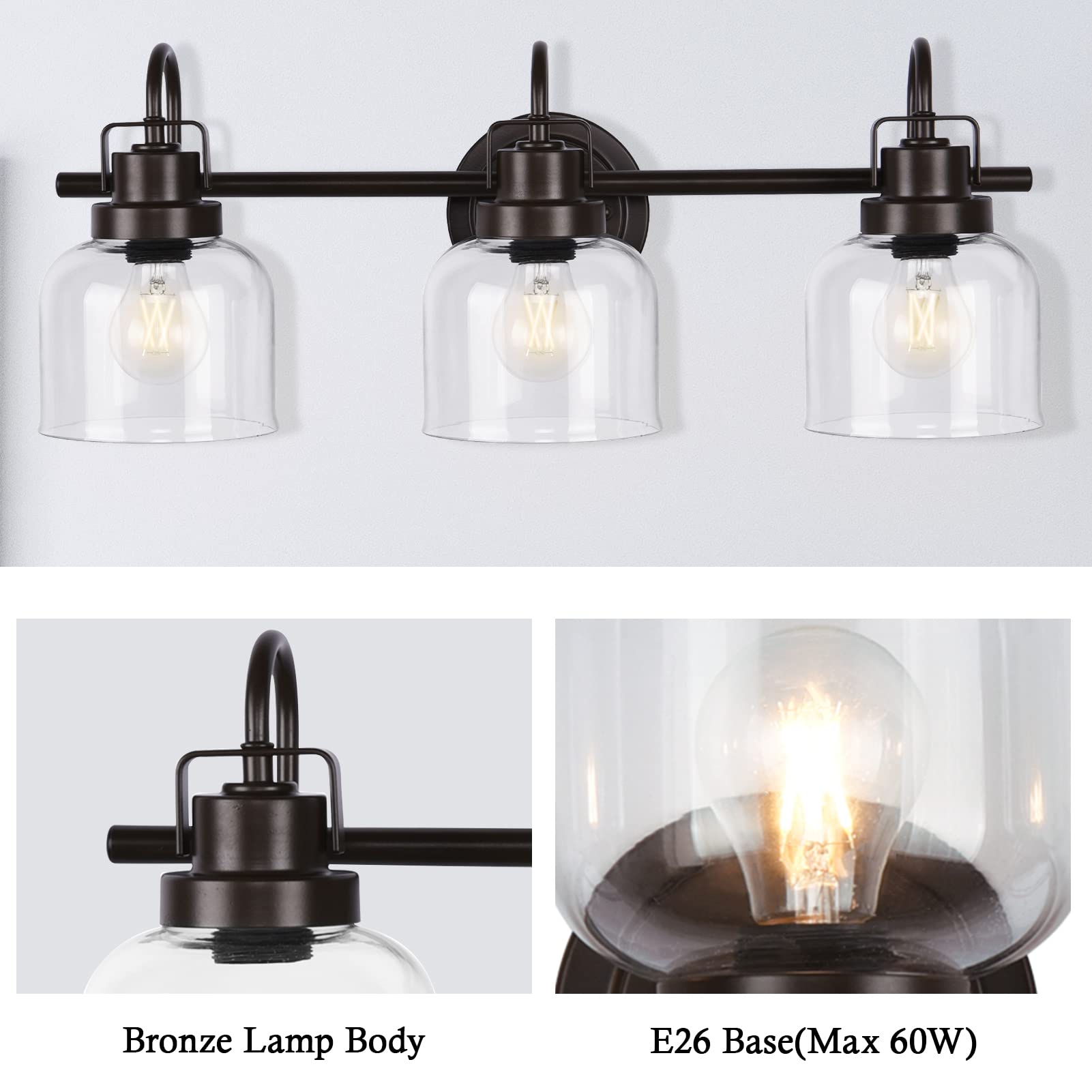 Bronze Bathroom Vanity Lights - 3-Light Fixture with Clear Glass Shade for Bathroom & Living Room