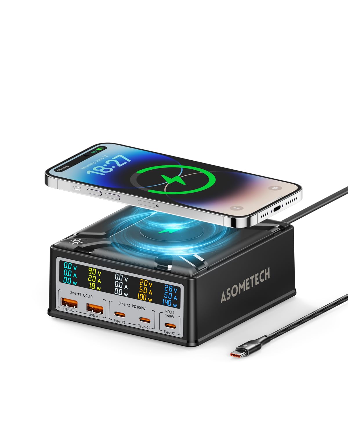 ASOMETECH 260W 5-Port USB C Charging Station with LCD Display - 140W PD3.1 GaN Fast Charger & Wireless Charging Hub for MacBook Pro/Air, iPad, iPhone, Samsung Galaxy - Perfect for Home, Office & Travel Charging Needs