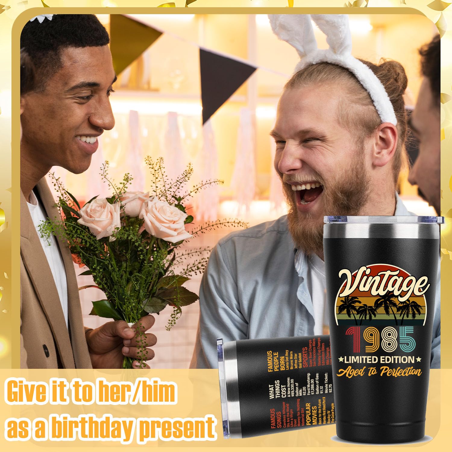 Vintage 40th Birthday Thermos Cup - 20oz Insulated Tumbler with Brush Straw & Straw Cap - Funny 1985 Themed Gift for Men & Women - Perfect for Office, Home & Travel Use