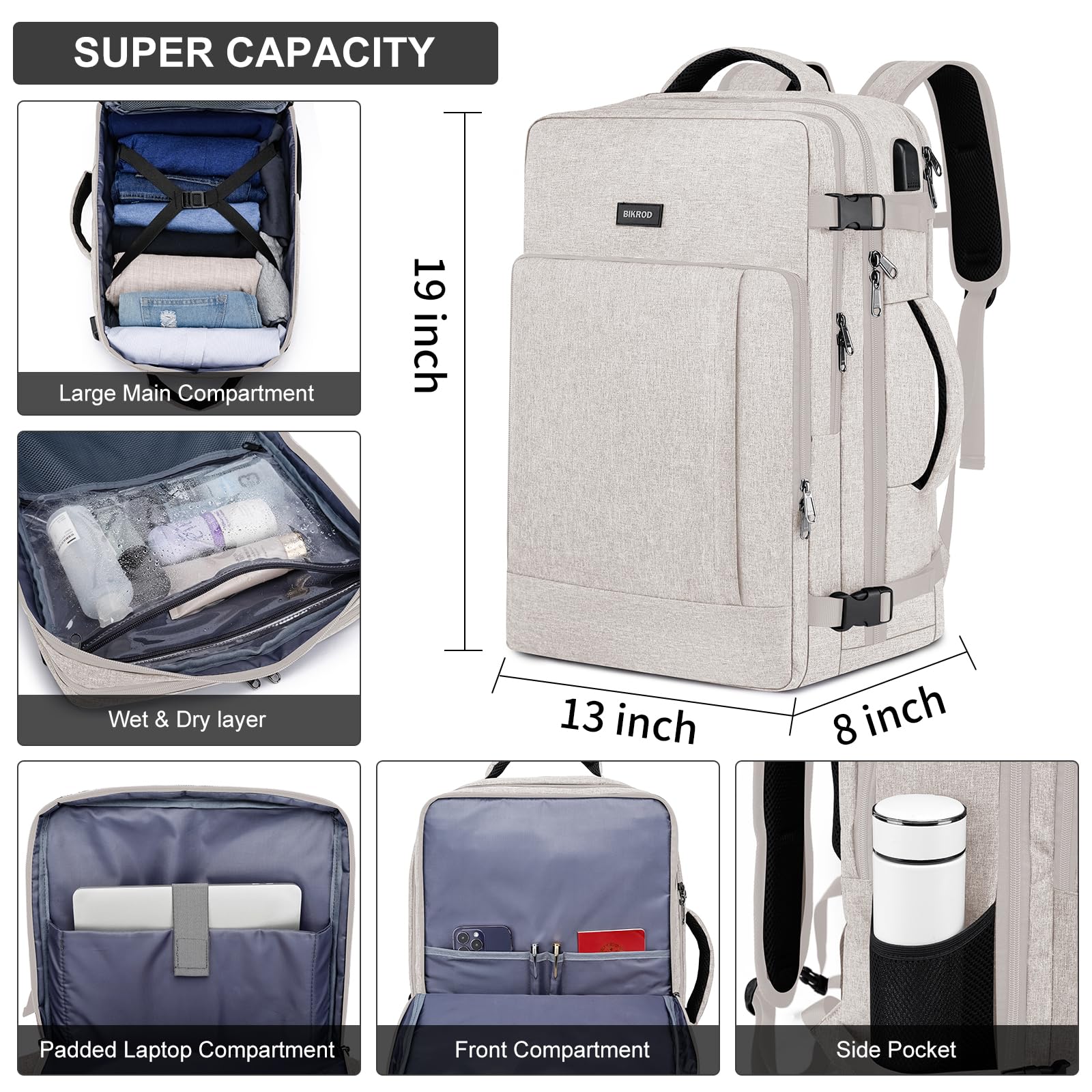 Extra Large Travel Backpack for Men & Women - 17.3 Inch Flight Approved Carry On Backpack with USB Charger Port, Sturdy Zipper & Luggage Sleeve - Perfect for Business Trips, Air Travel & Daily Commute (Beige)