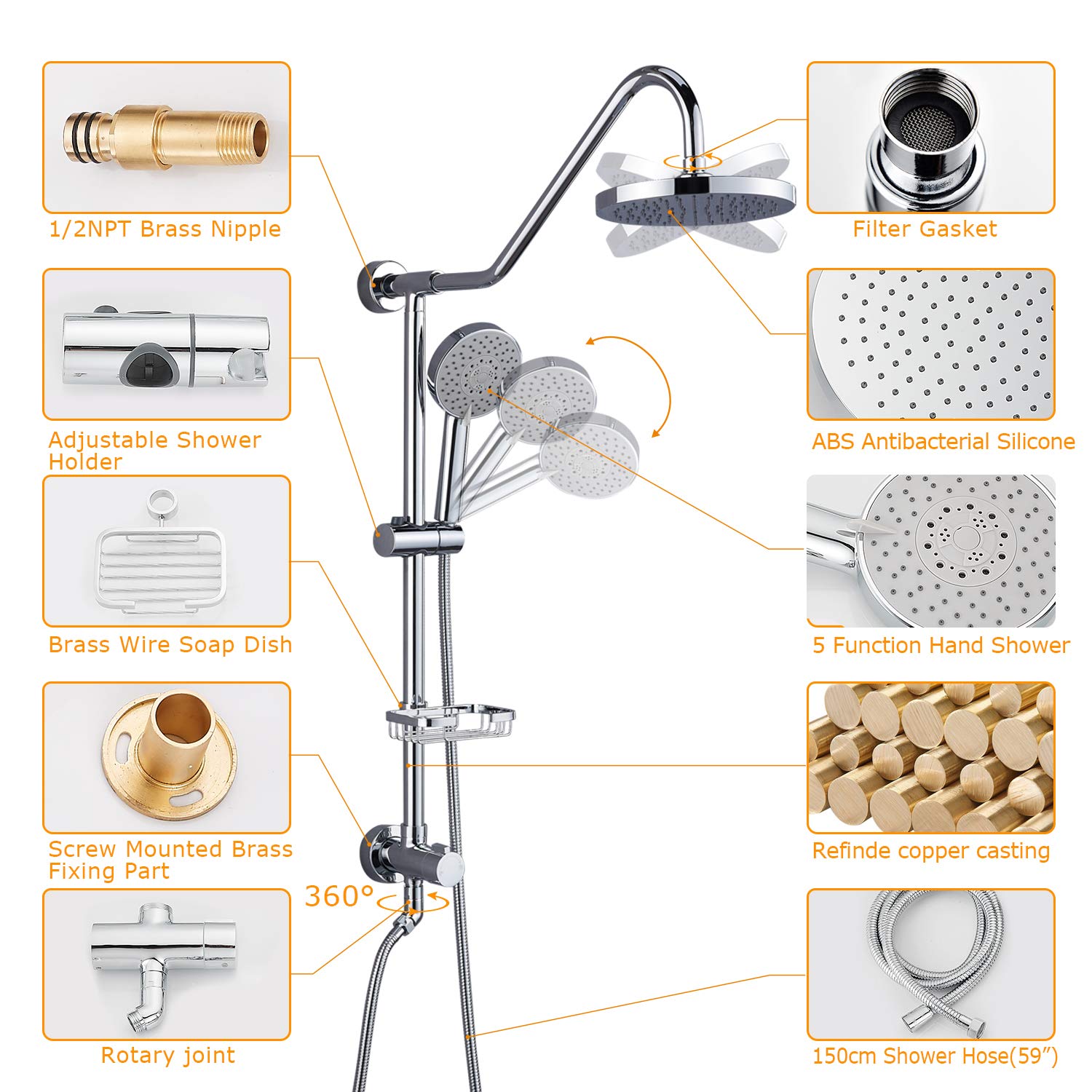 Aolemi Polished Chrome Retrofit Shower System - Matching Bathroom Vessel Sink Faucet with Double Cross Handle - Perfect for Modern & Vintage Bathroom Renovations