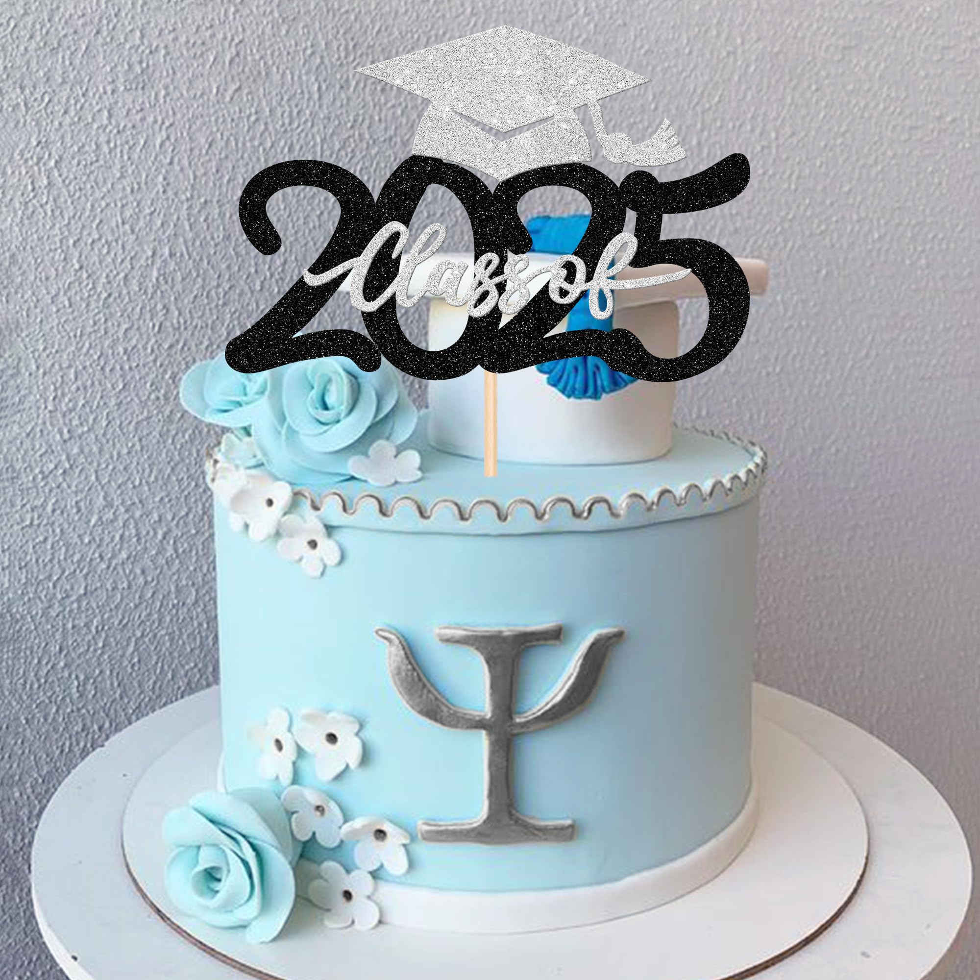 2025 Graduation Cake Topper - Glitter Graduation Cap Cake Pick for Class of 2025, Congrats Grad Cake Decoration - Perfect for 2025 Graduation Party Decor, Birthday Celebrations & Dessert Toppings (Black & Silver)