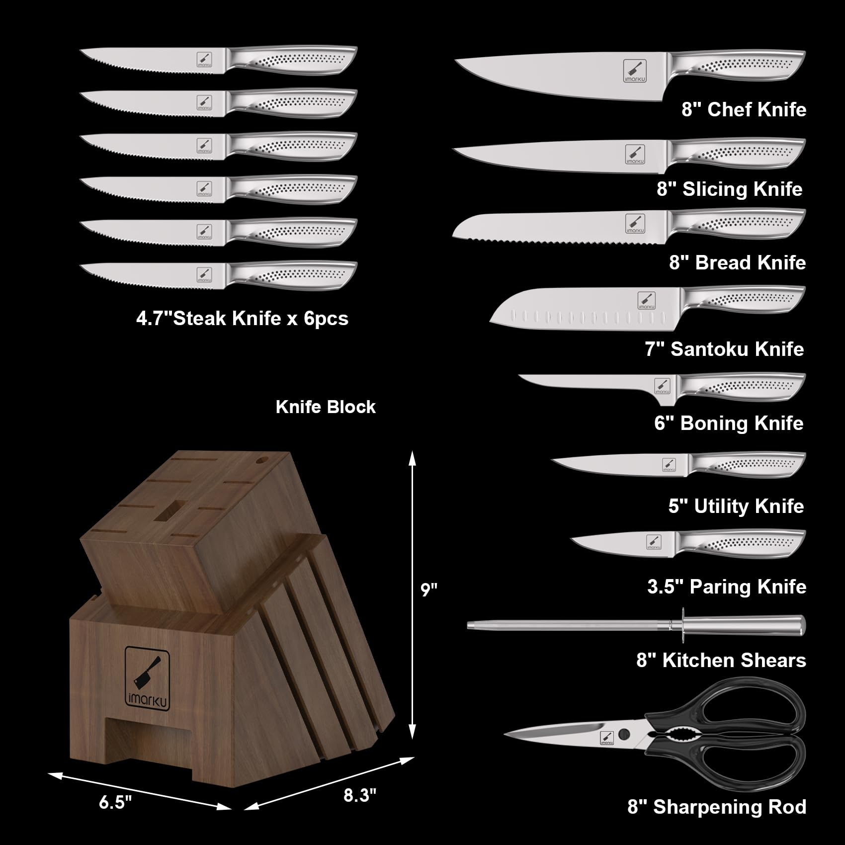Imarku 16-Piece High Carbon Stainless Steel Kitchen Knife Set with Wooden Block - Ultra Sharp Japanese Knives with Non-Slip Ergonomic Handle, Dark Brown - Perfect for Home Chefs, Cooking Enthusiasts & Wedding Gifts