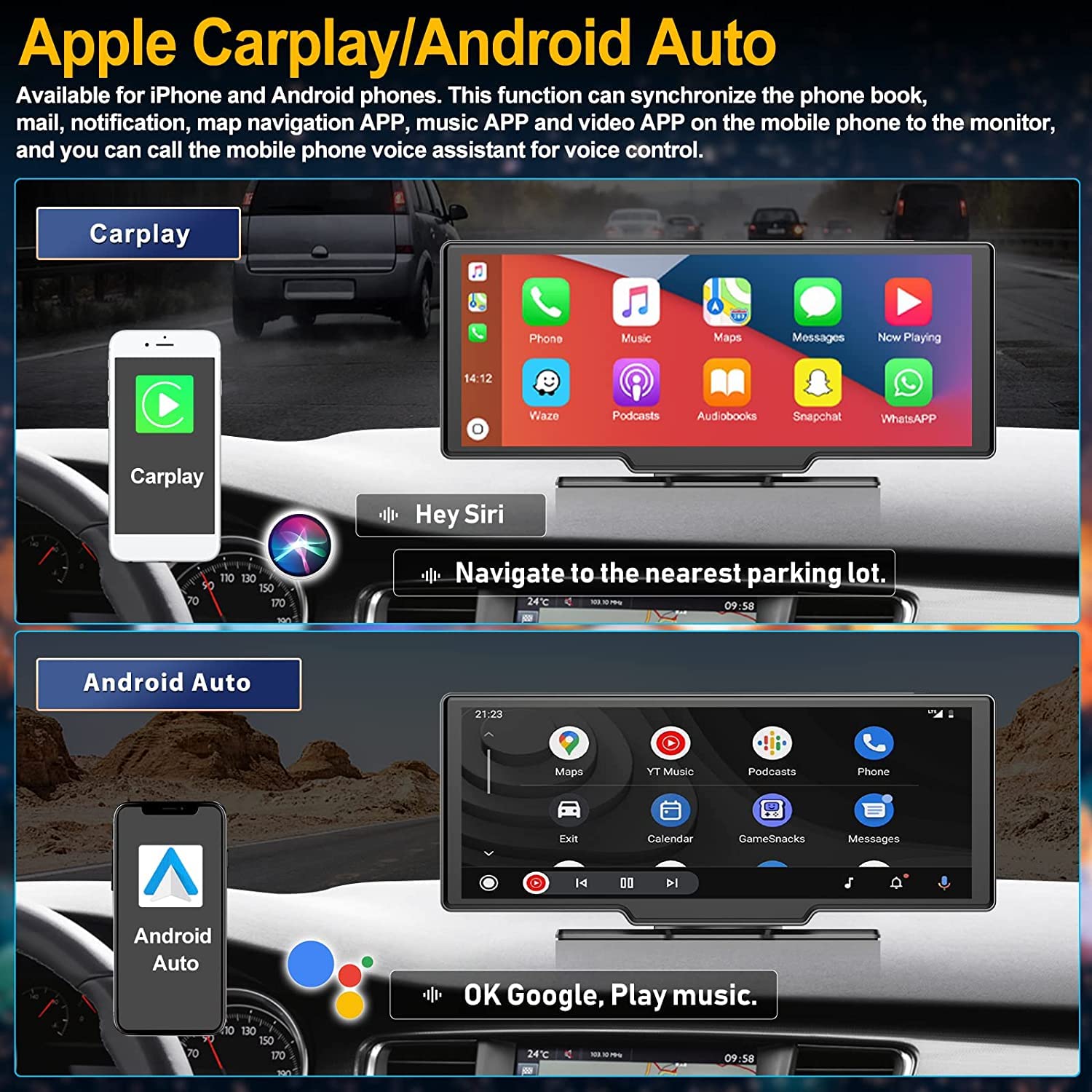 10.26 Inch Wireless CarPlay Monitor with Bluetooth & Android Auto - 2K+1080P Dual Camera Car DVR with HD Backup Display - Perfect for Safe Driving & Parking Assistance