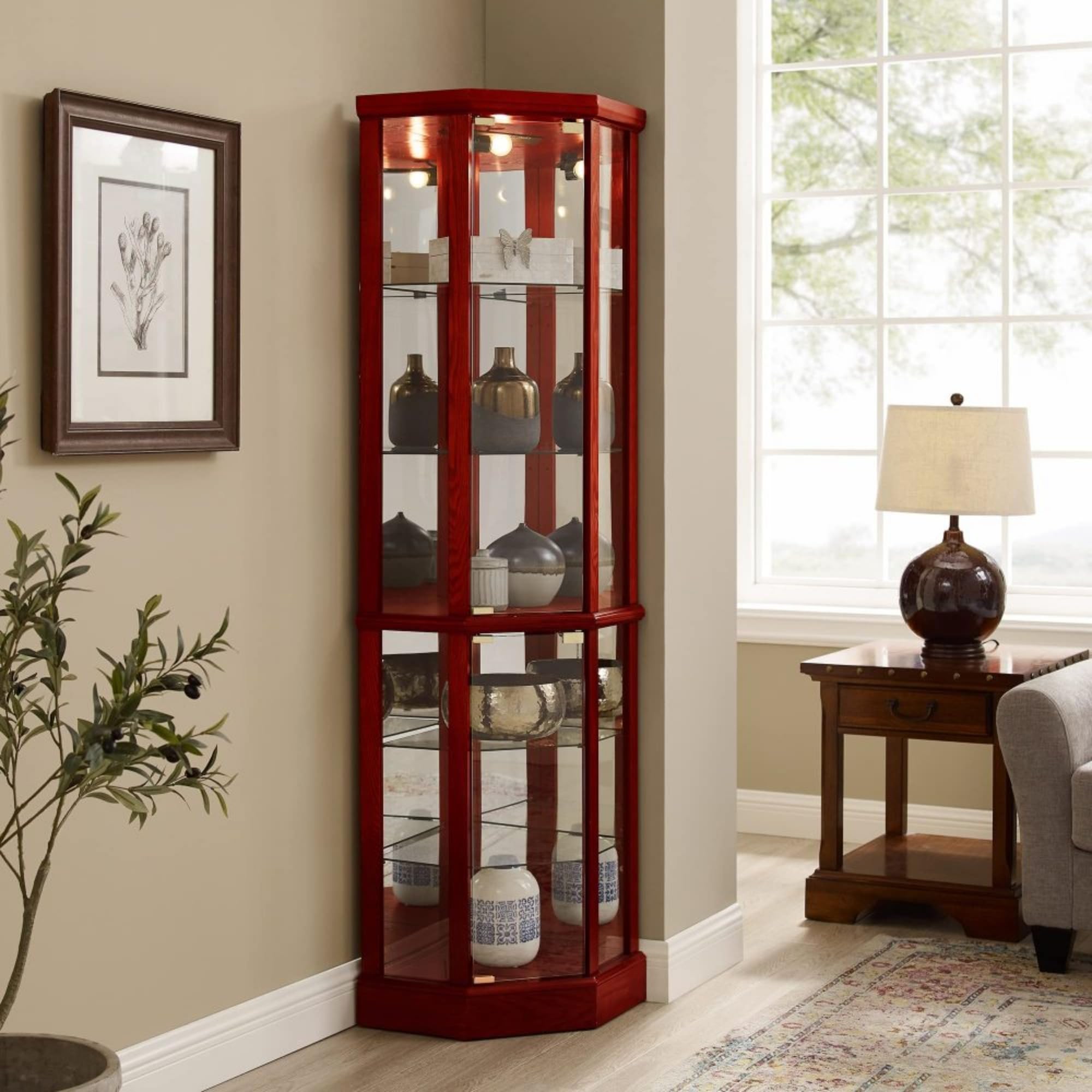 Elegant Corner Curio Cabinet with Mirrored Back & 6 Adjustable Shelves - Curved Glass Front Display Case with Interior Lighting for Collectibles, Home Decor & Antiques (Cherry Finish) - Perfect for Living Room, Dining Room or Office Display
