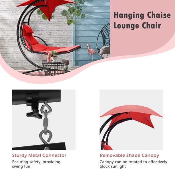 Outdoor Hanging Curved Chaise Lounge Chair - Patio Swinging Hammock with Pillow, Canopy & Stand - Perfect for Backyard, Garden, Poolside Relaxation (Red)