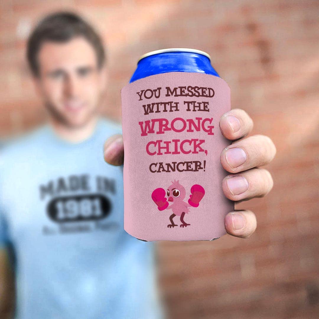 96-Pack Pink Ribbon Can Coolers - Inspirational Breast Cancer Survivor Gifts for Women | 'You Messed With The Wrong Chick' Design | Perfect for Fundraisers, Awareness Events & Support Groups