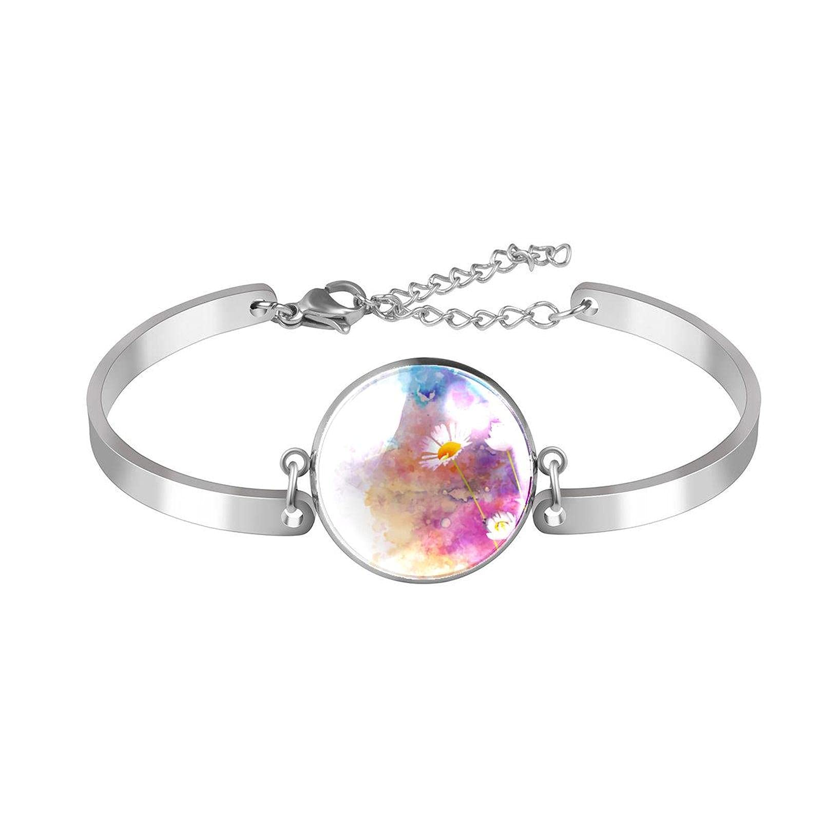 Adjustable Daisy Watercolor Link Bangle Bracelet for Women - Natural Flower Design, Perfect for Casual Wear, Boho Style & Everyday Fashion Accessories