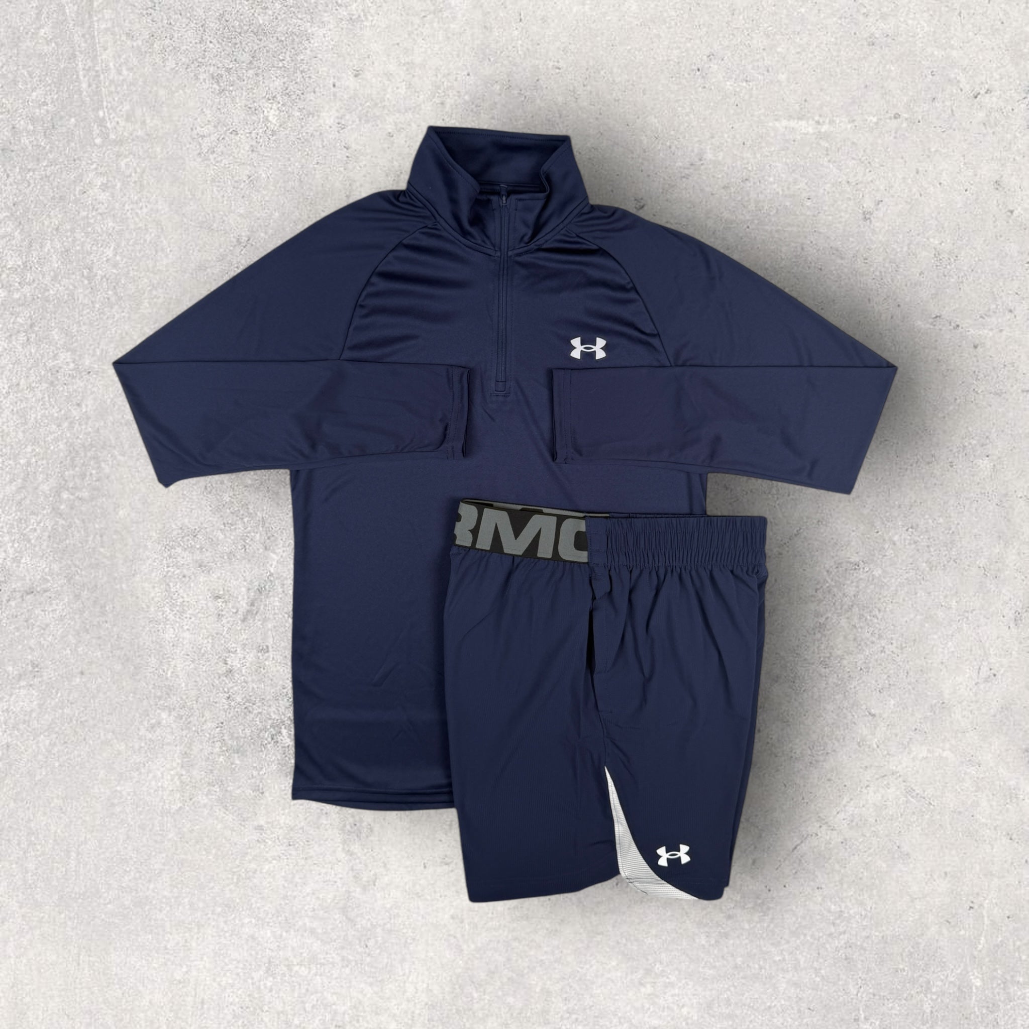 Under Armour Velocity 1/4 Zip Short Sleeve T-Shirt & Shorts Set - Navy Blue - Moisture Wicking Athletic Outfit for Running, Gym & Casual Wear