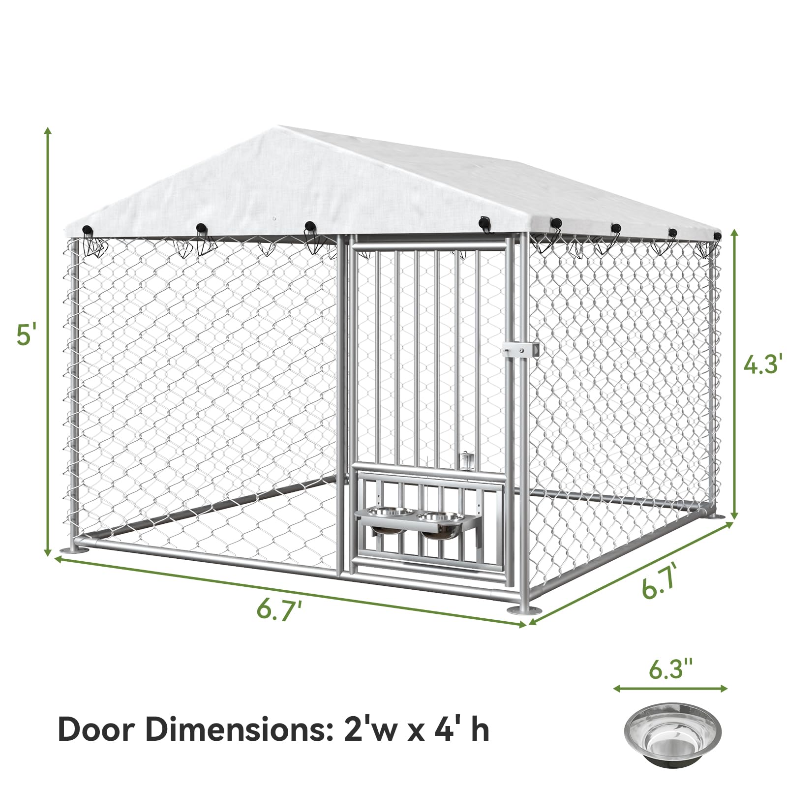 Heavy Duty 6.7x6.7x5 FT Outdoor Dog Kennel with Roof & Rotating Bowls - Durable Shelter for Small & Medium Dogs - Perfect for Backyard, Patio or Camping Use