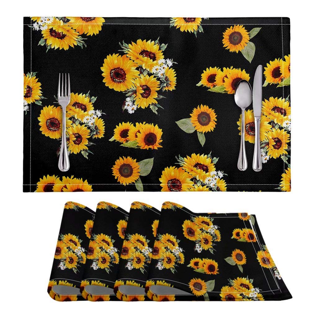 AFPANQZ 4-Piece Black Sunflower Placemats Set - Heat & Stain Resistant, Washable PVC Table Mats - Reversible Rustic Farmhouse Design (17.3